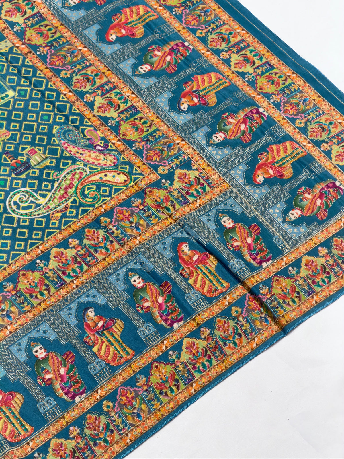 UTSAV BANARAS 475A: Azure Blue Butter Silk Saree with Heritage Position Print & Contrast Blouse