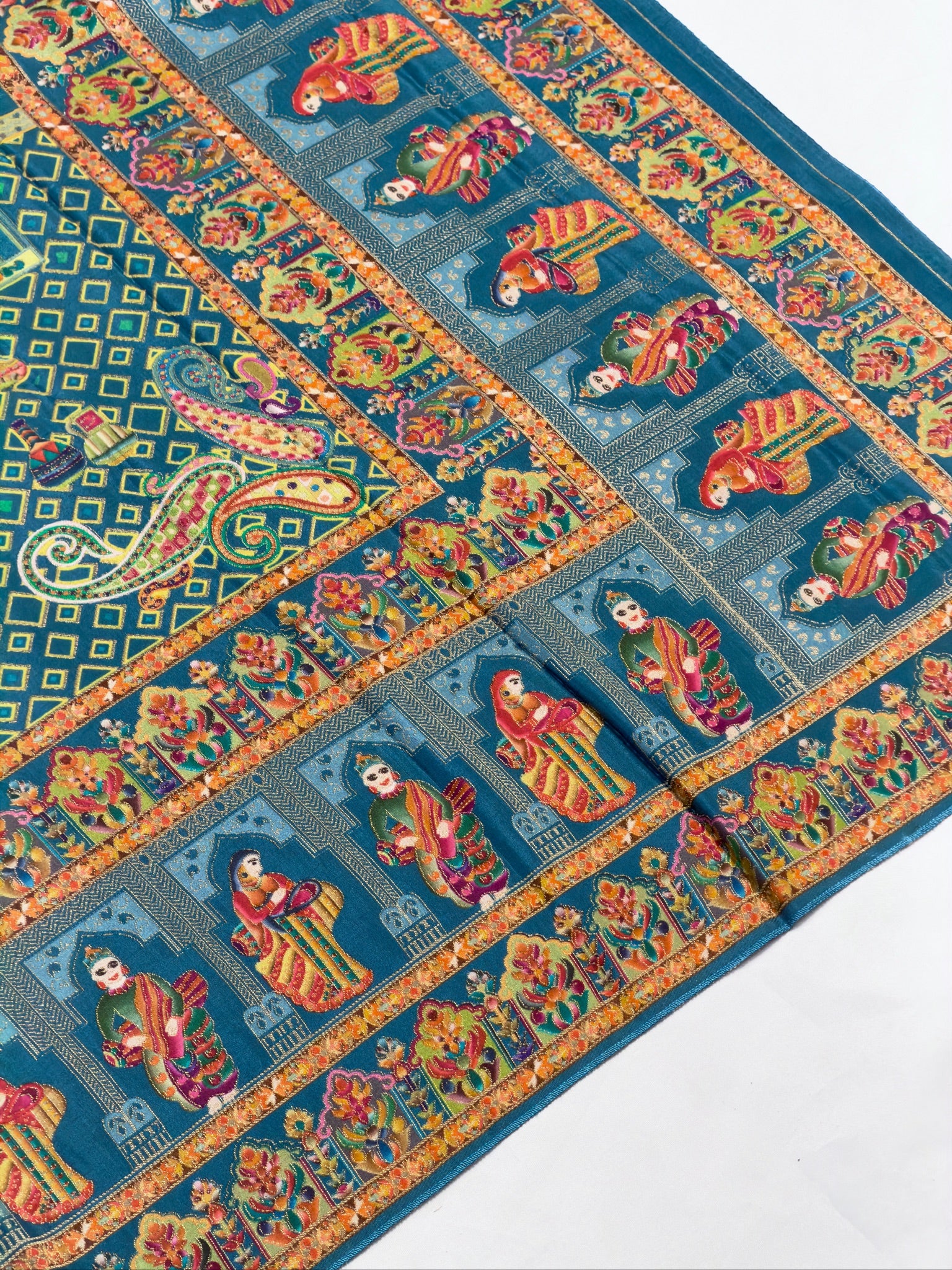 UTSAV BANARAS 475A: Azure Blue Butter Silk Saree with Heritage Position Print & Contrast Blouse