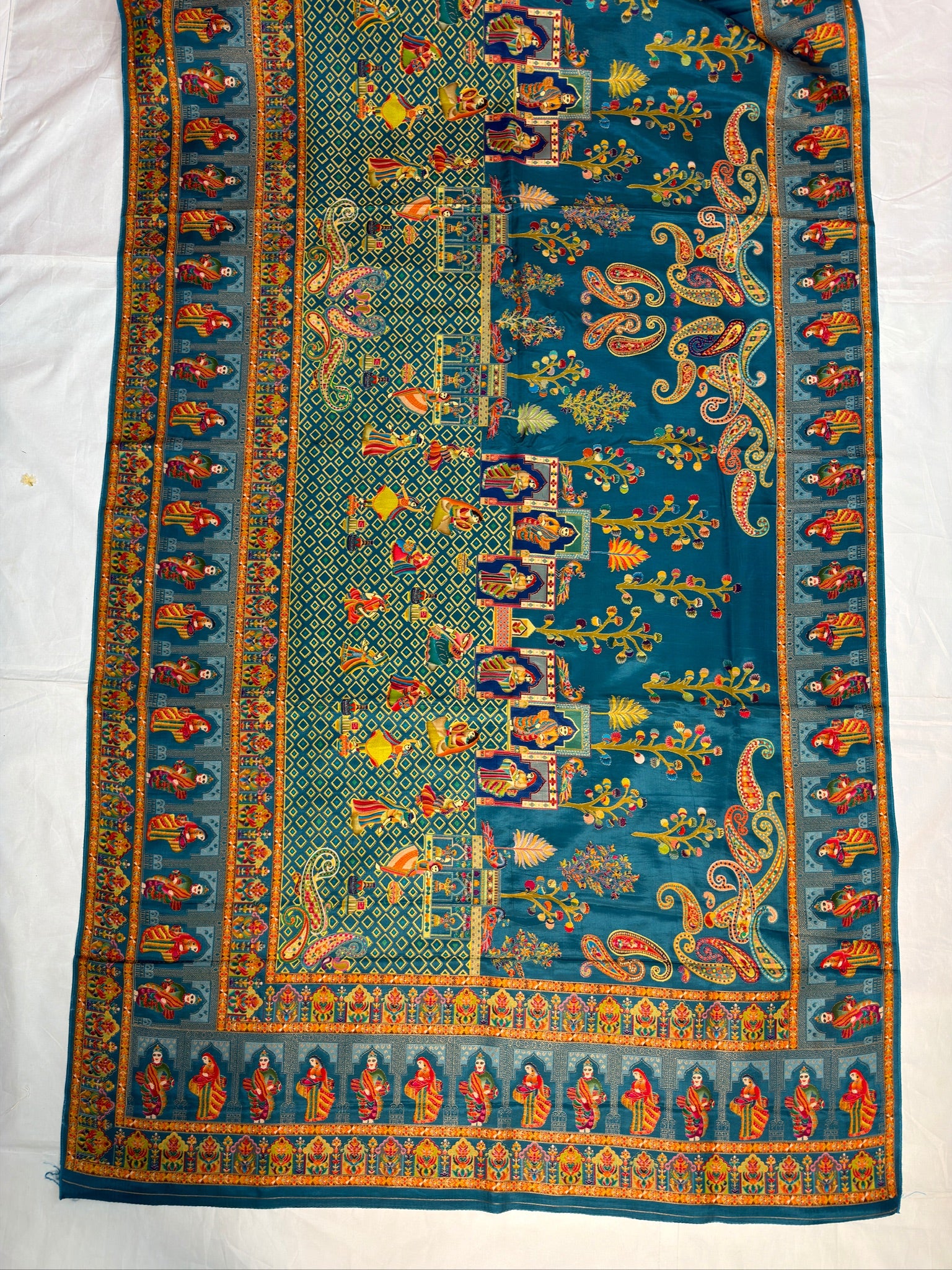 UTSAV BANARAS 475A: Azure Blue Butter Silk Saree with Heritage Position Print & Contrast Blouse