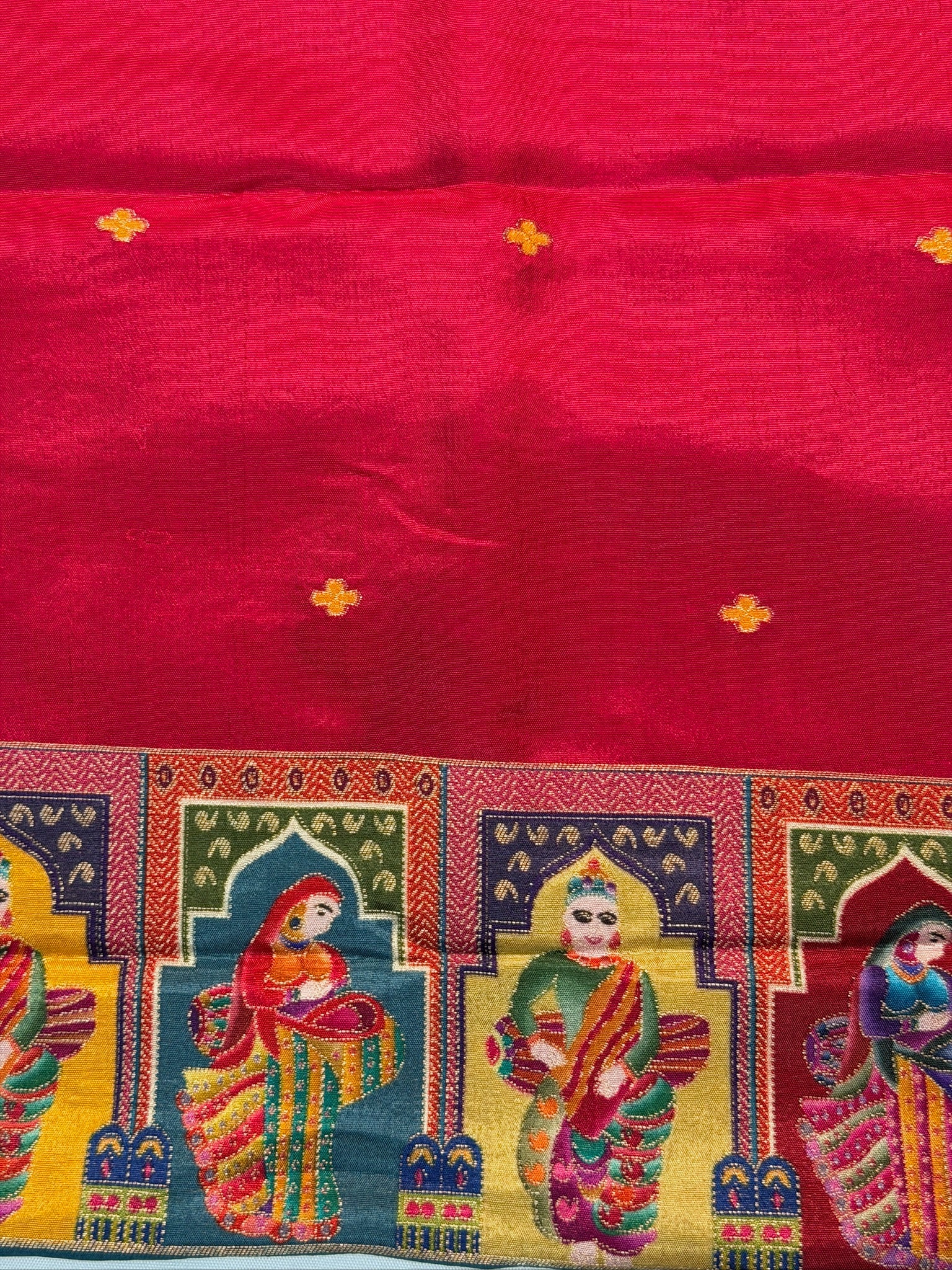 UTSAV BANARAS 475A: Azure Blue Butter Silk Saree with Heritage Position Print & Contrast Blouse