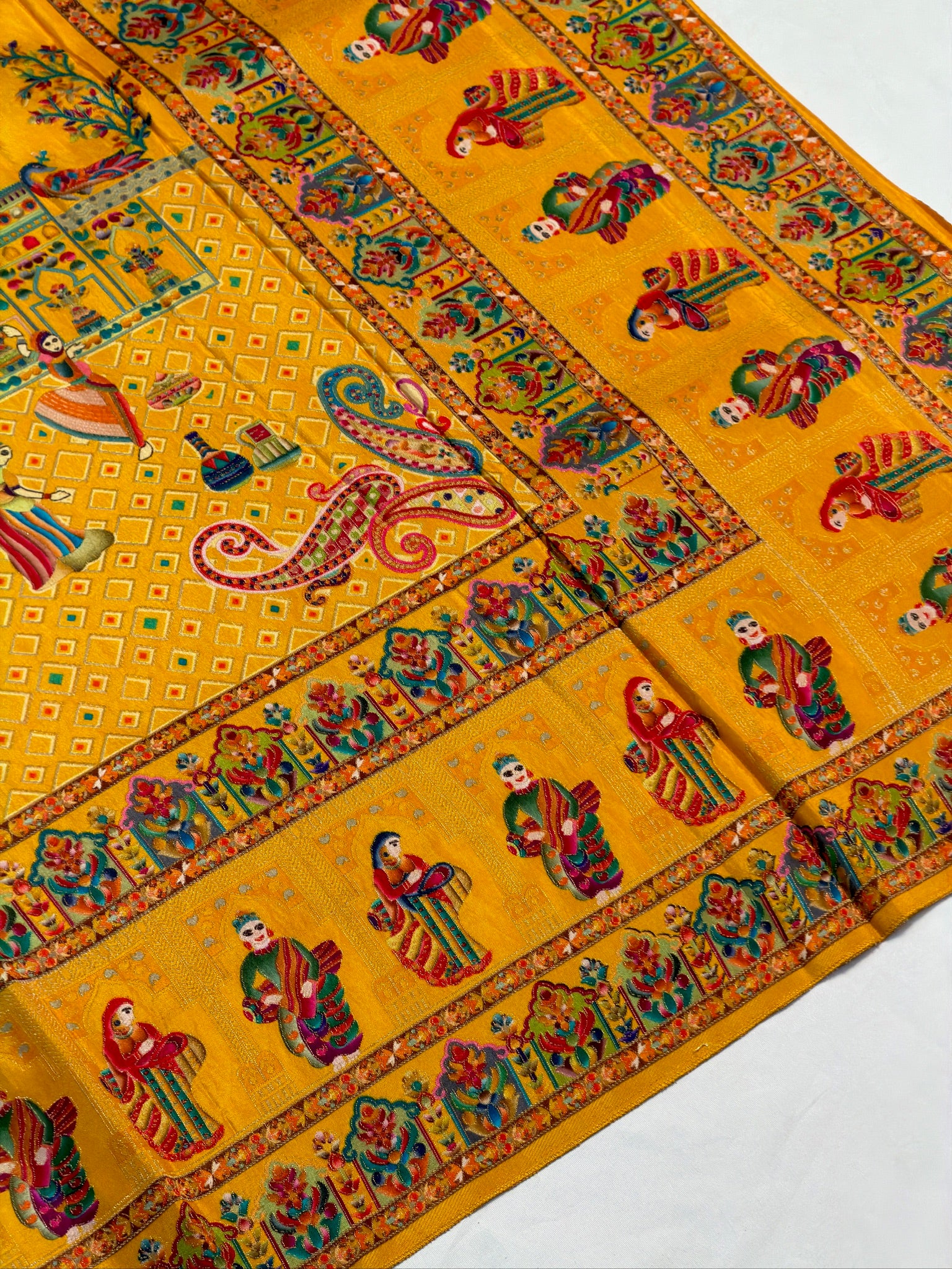 UTSAV BANARAS 47C: Mustard Yellow Butter Silk Saree with Heritage Position Print & Contrast Blouse