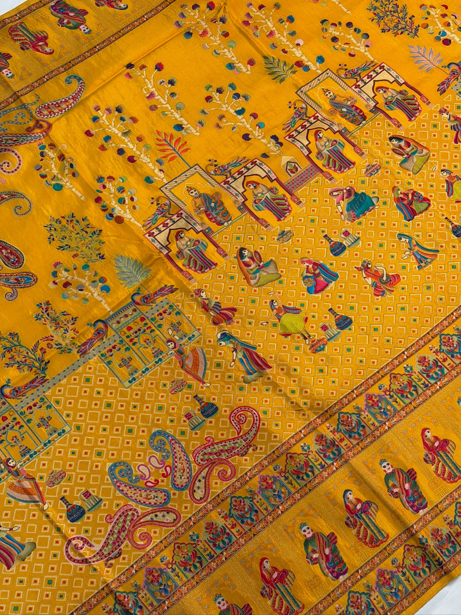 UTSAV BANARAS 47C: Mustard Yellow Butter Silk Saree with Heritage Position Print & Contrast Blouse