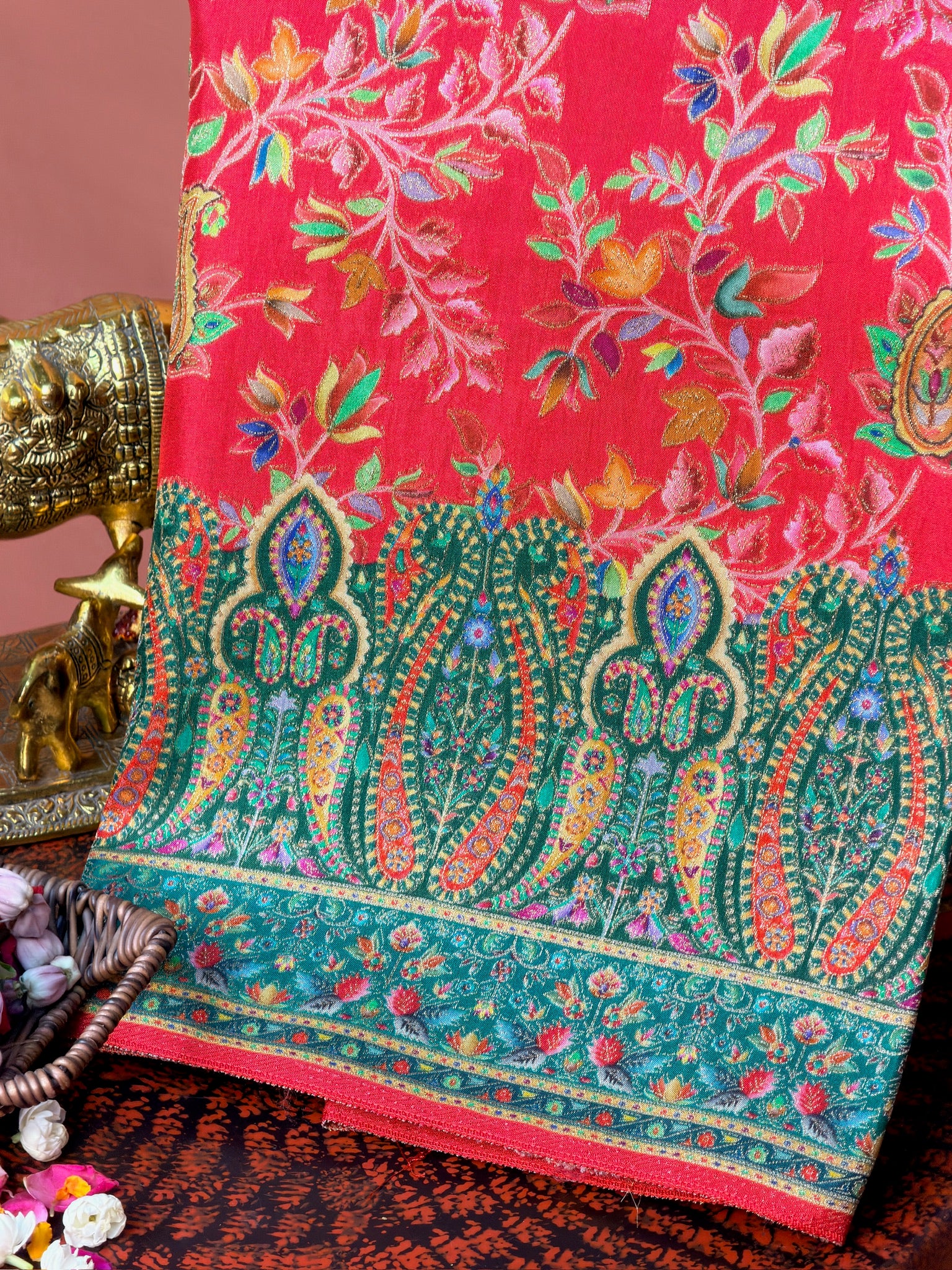 UTSAV BANARAS 478F: Scarlet Red Butter Silk Saree with Royal Paisley Position Print & Contrast Blouse