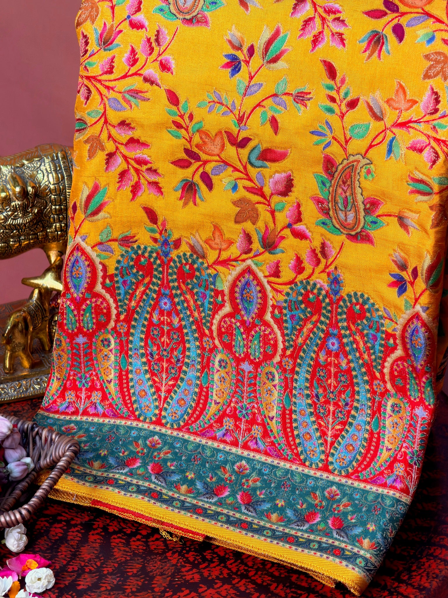 UTSAV BANARAS 478C: Mustard Yellow Butter Silk Saree with Royal Paisley Position Print & Contrast Blouse