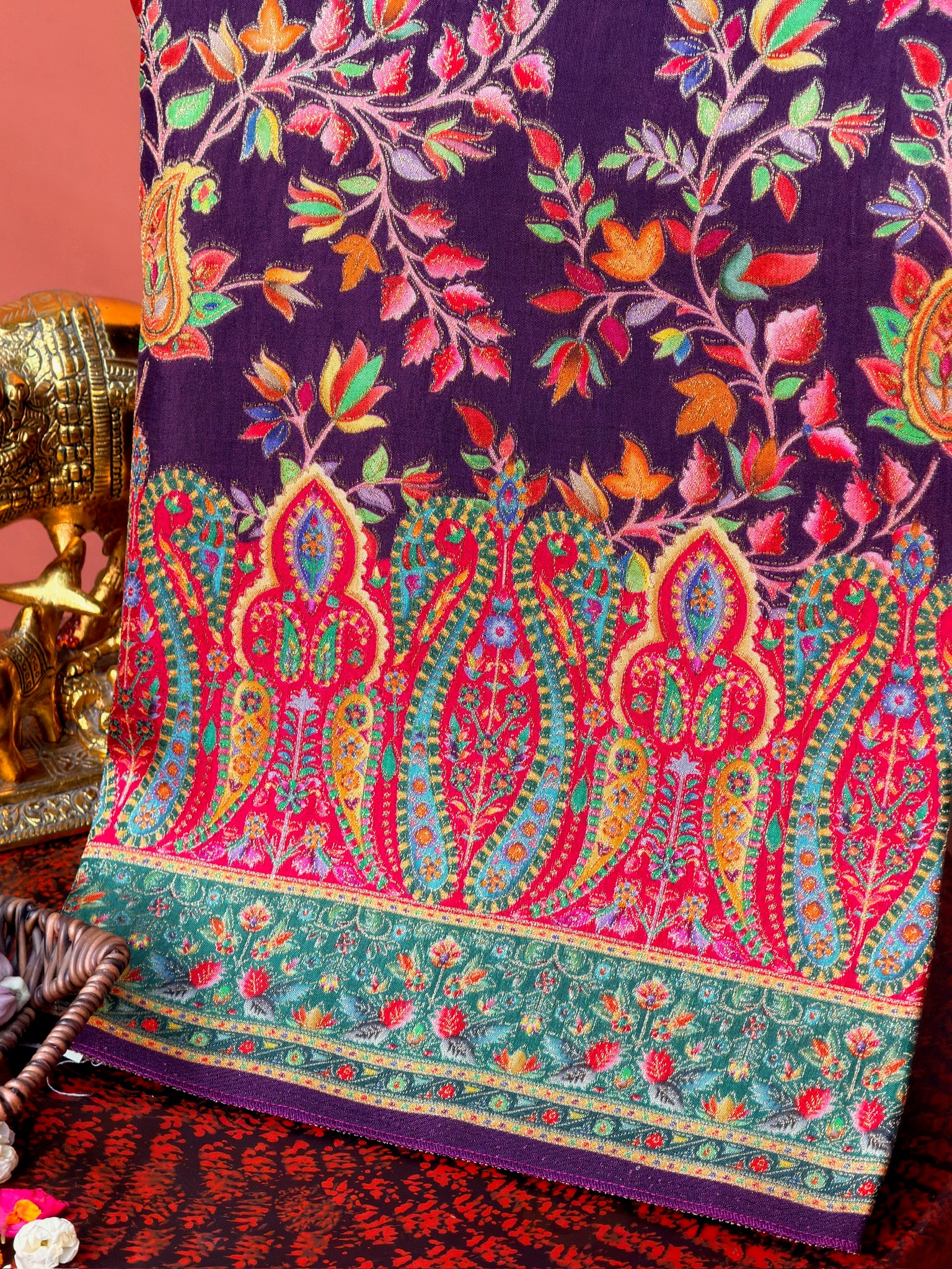 UTSAV BANARAS 478E: Purple Butter Silk Saree with Royal Paisley Position Print & Contrast Blouse