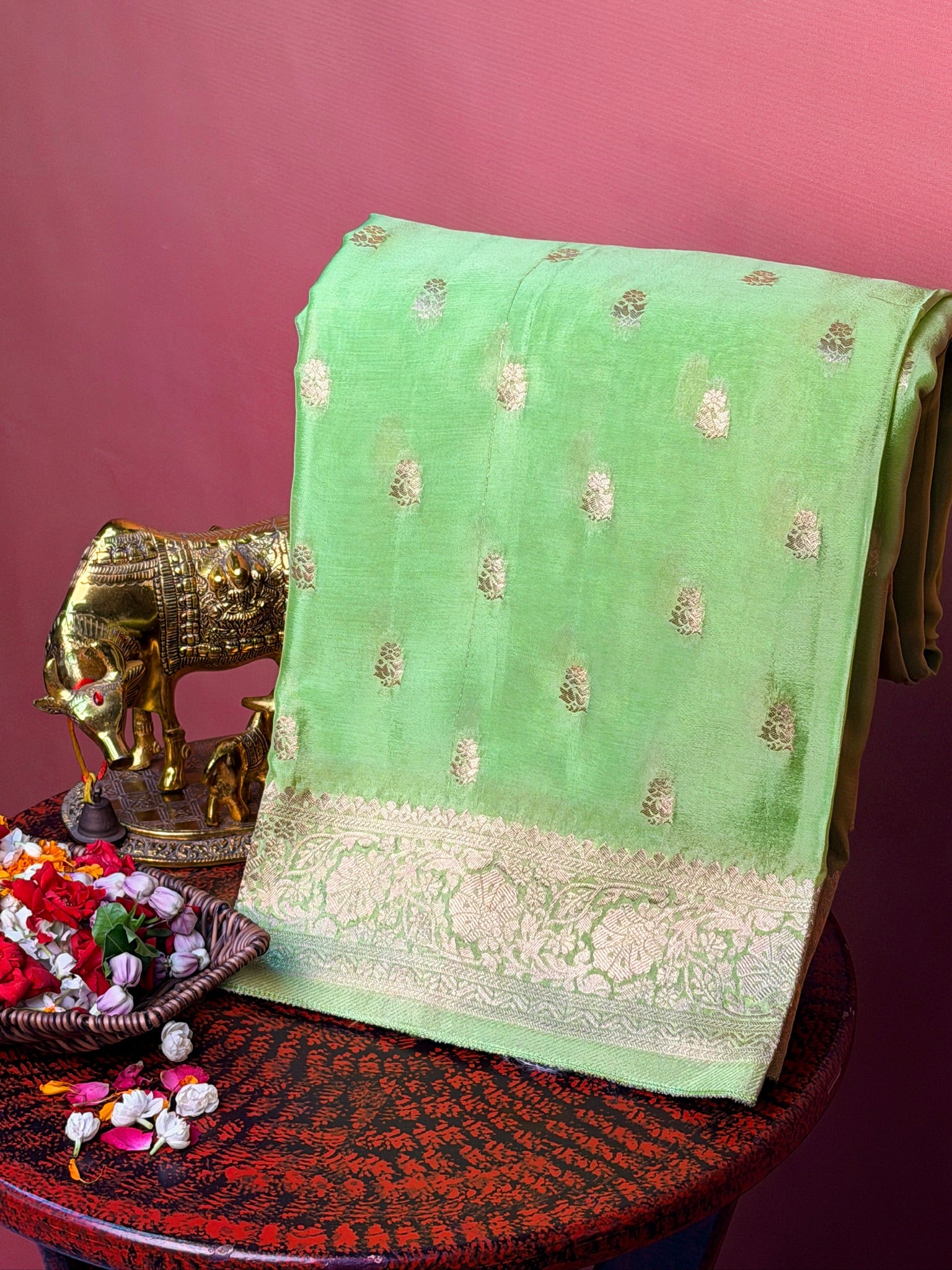 UTSAV Banaras 426: Pista Green Premium Mashru Silk Saree with Khaddi buti & Traditional Banarasi Border