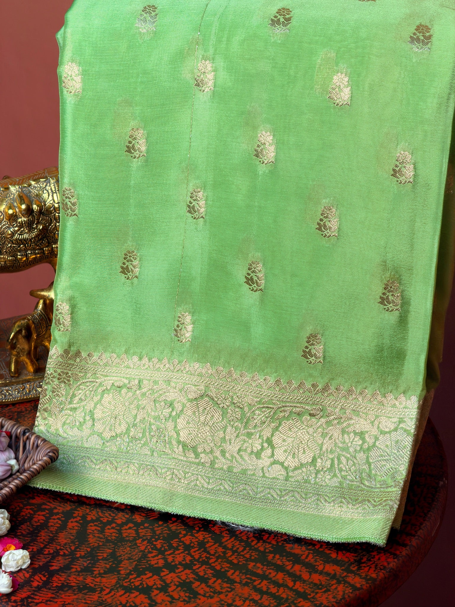 UTSAV Banaras 426: Pista Green Premium Mashru Silk Saree with Khaddi buti & Traditional Banarasi Border