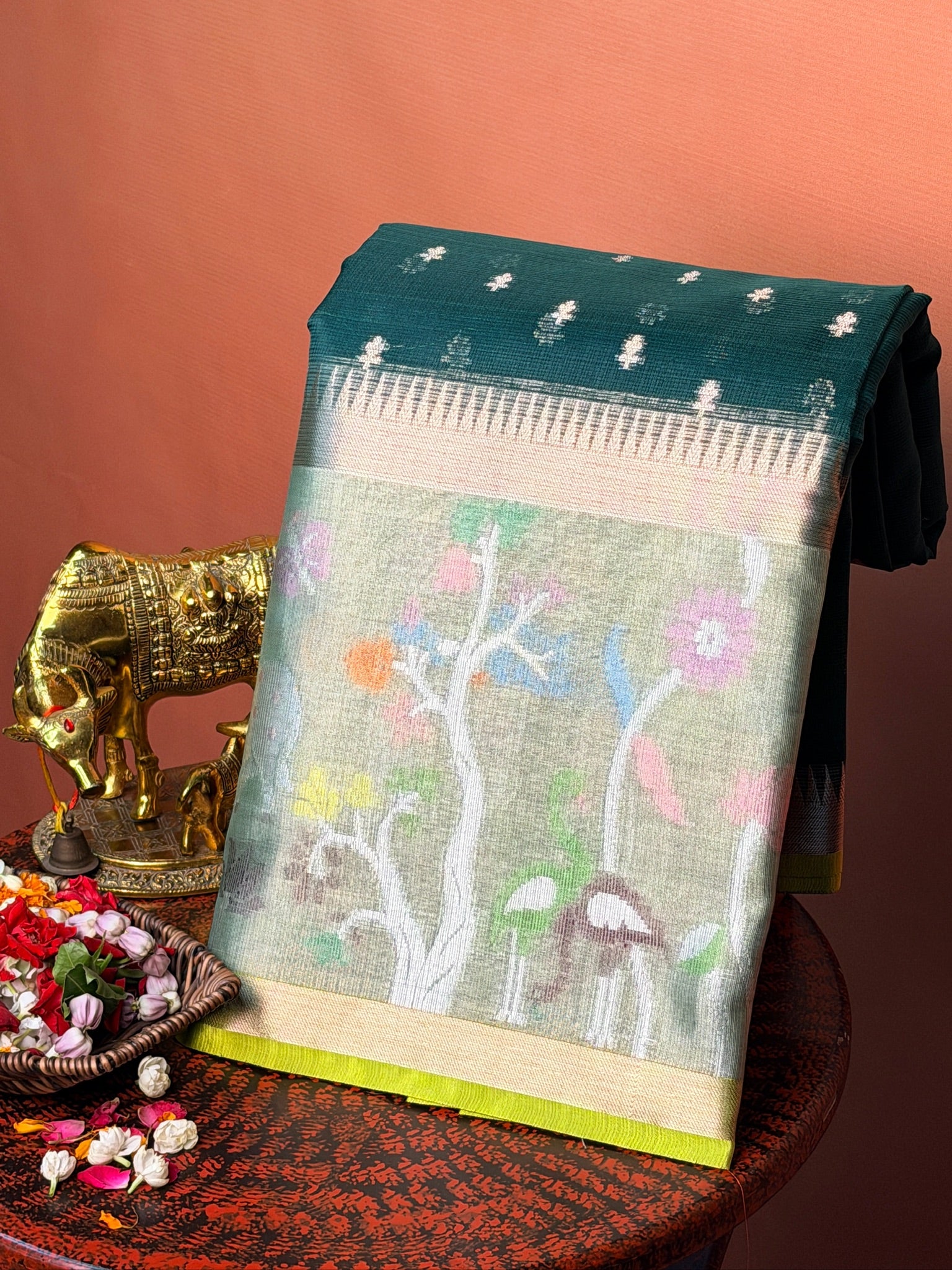 UTSAV BANARAS 472: Deep Green Kota Checks Saree with Artistic Skirt Border & Contrast Lime Green Blouse