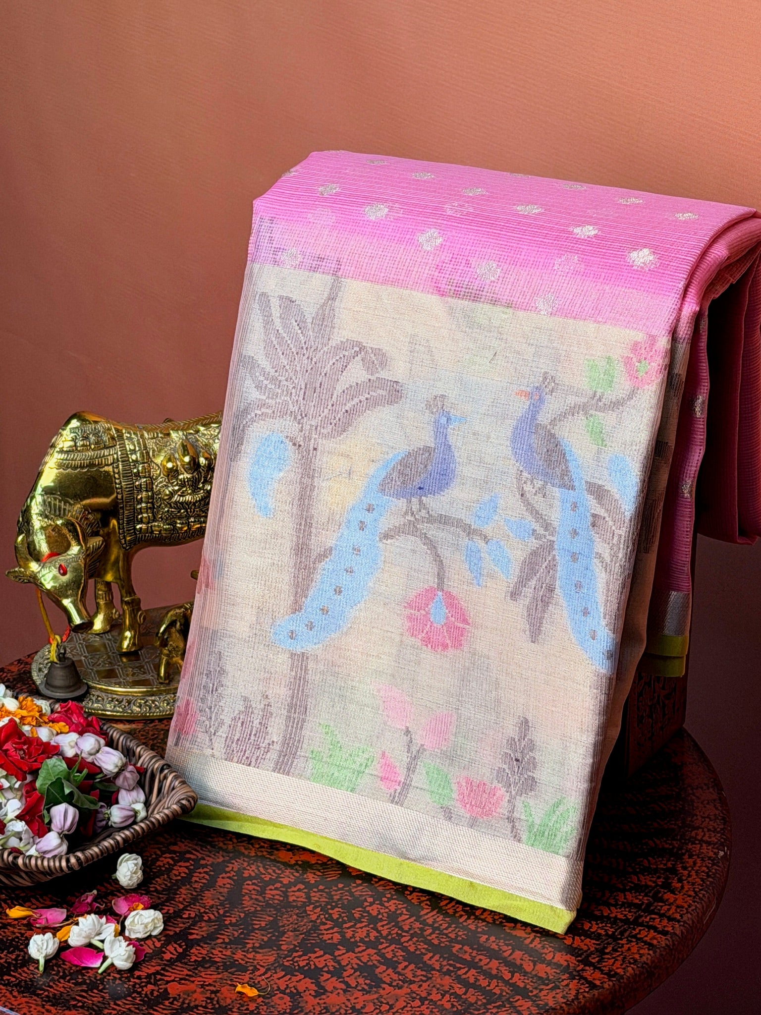 UTSAV BANARAS 473: Baby Pink Kota Checks Saree with Artistic Skirt Border & Contrast Yellow Blouse