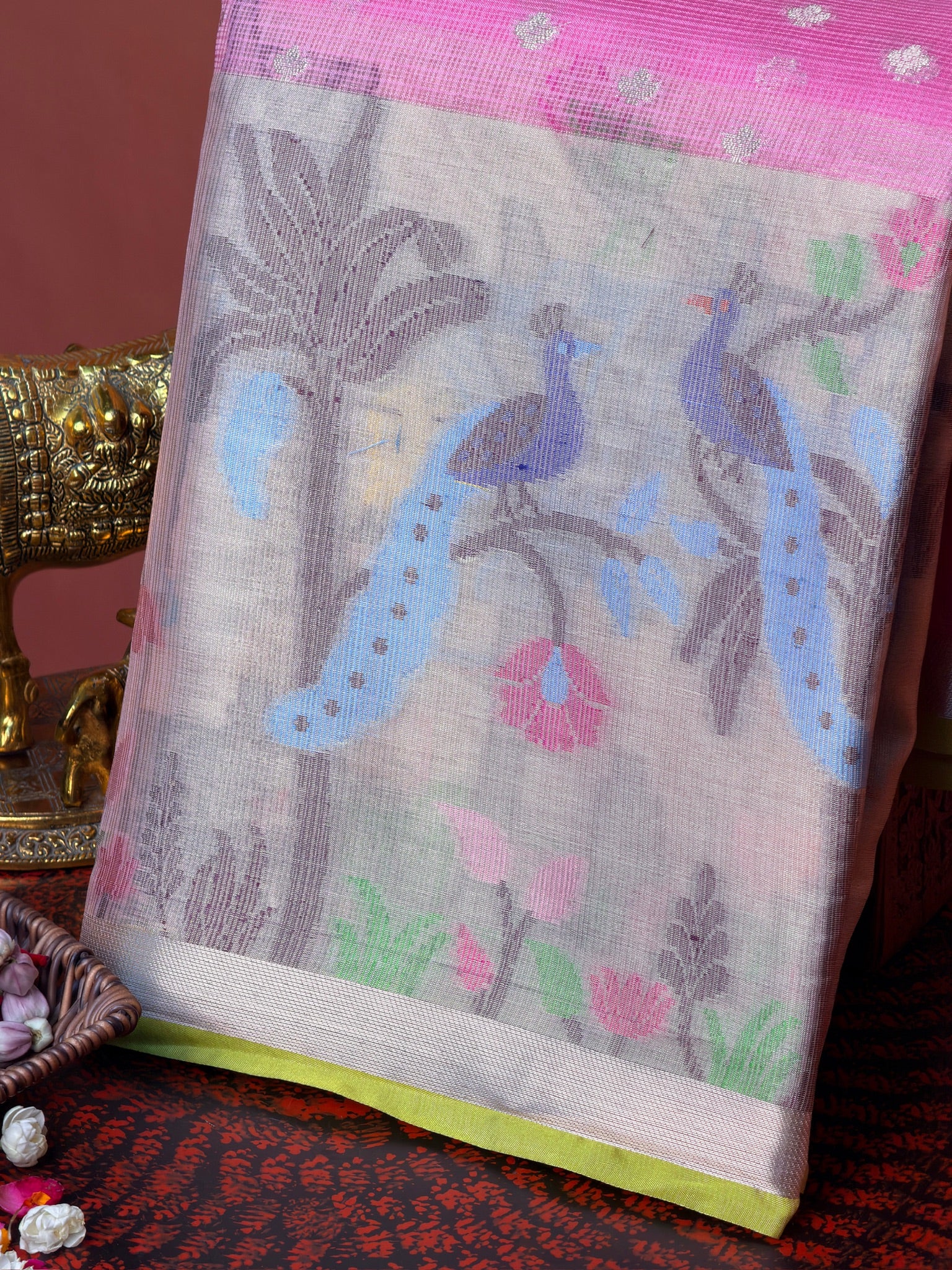 UTSAV BANARAS 473: Baby Pink Kota Checks Saree with Artistic Skirt Border & Contrast Yellow Blouse