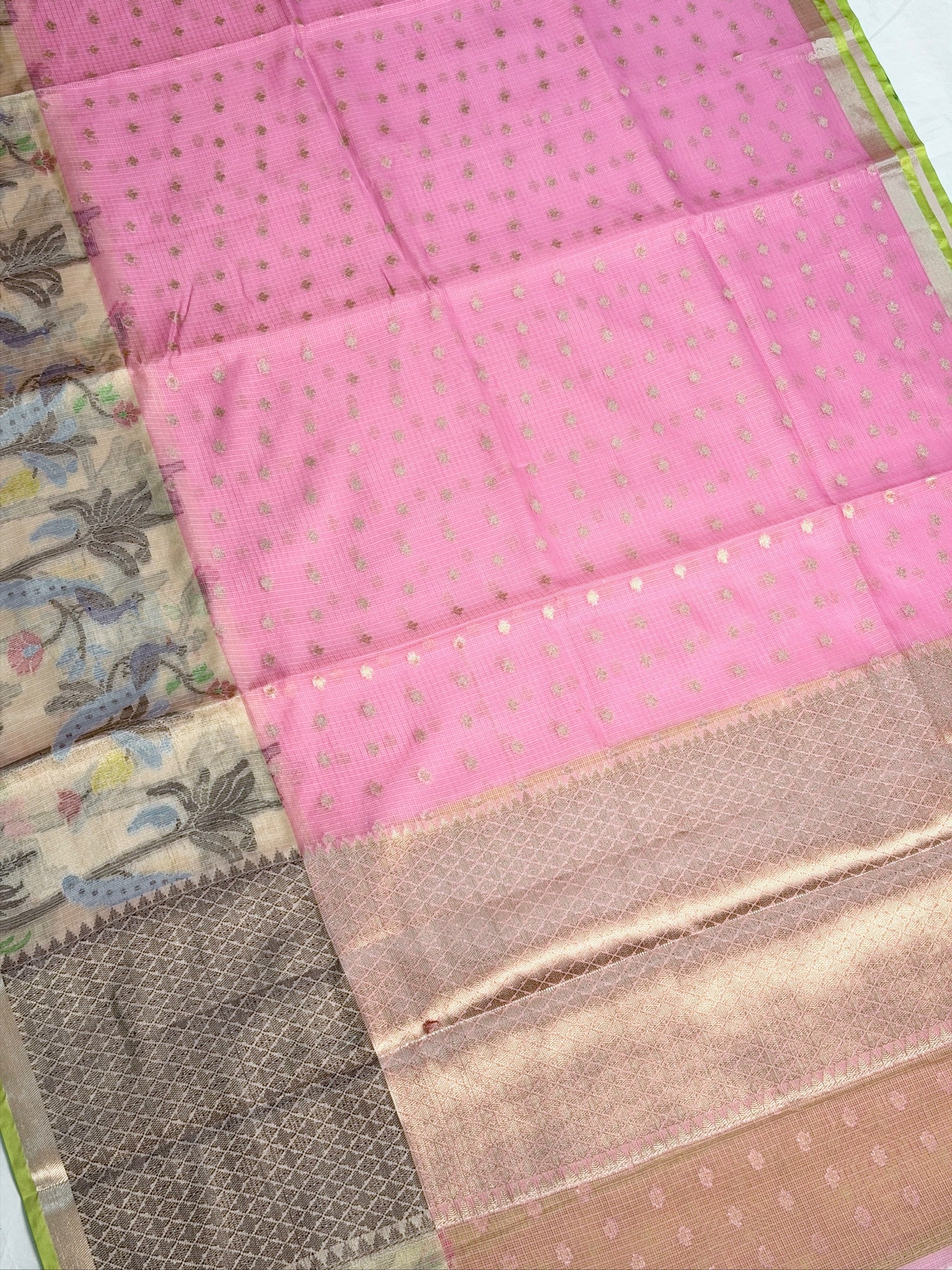 UTSAV BANARAS 473: Baby Pink Kota Checks Saree with Artistic Skirt Border & Contrast Yellow Blouse