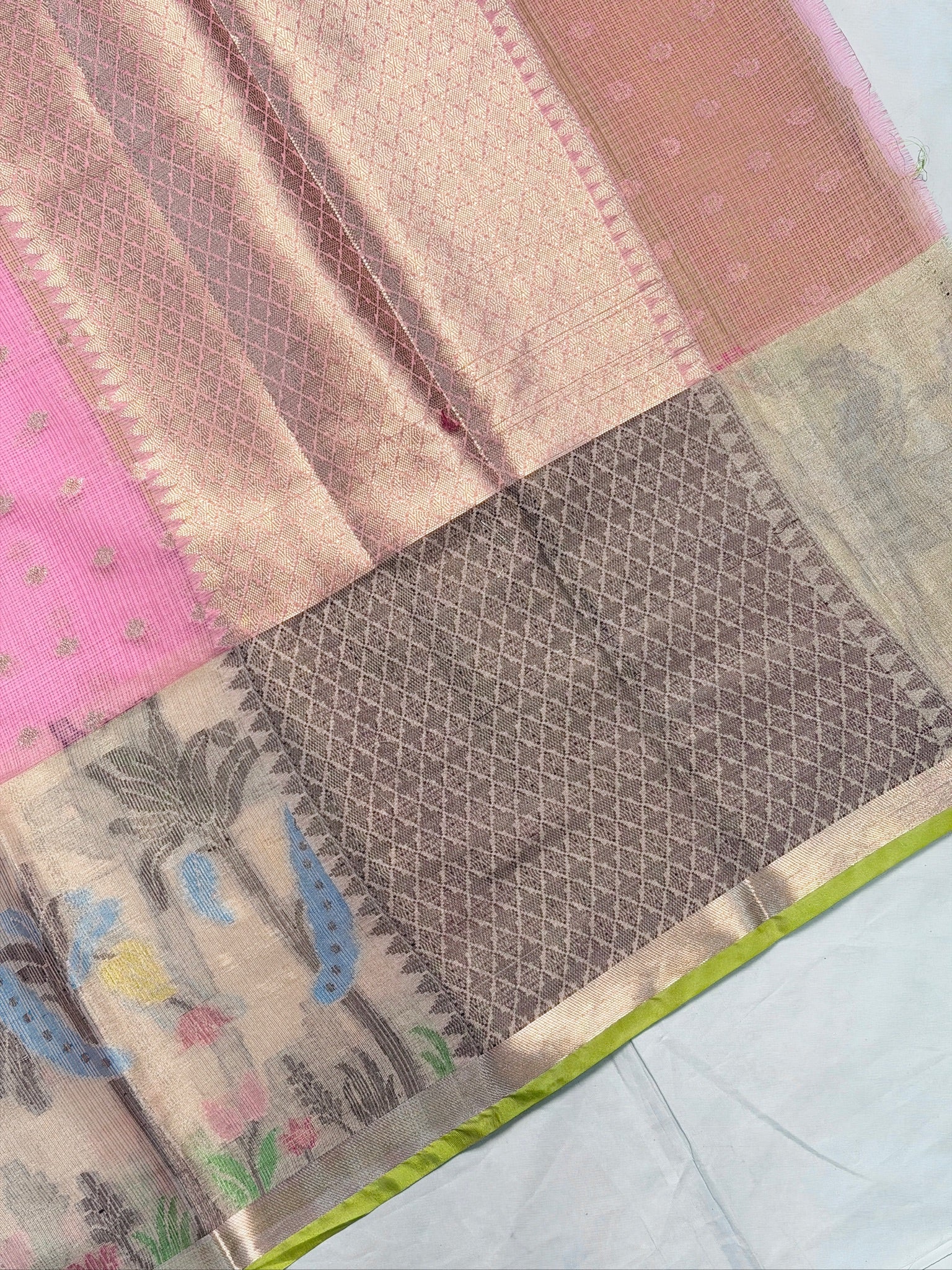 UTSAV BANARAS 473: Baby Pink Kota Checks Saree with Artistic Skirt Border & Contrast Yellow Blouse