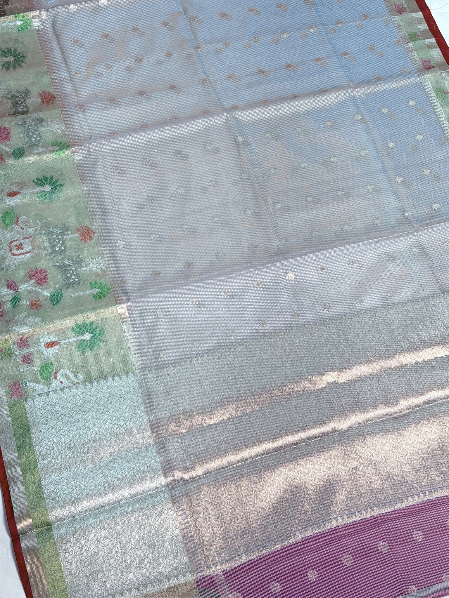 UTSAV BANARAS 469: Pastel Silver Kota Checks Saree with Skirt Border & Contrast Red Blouse