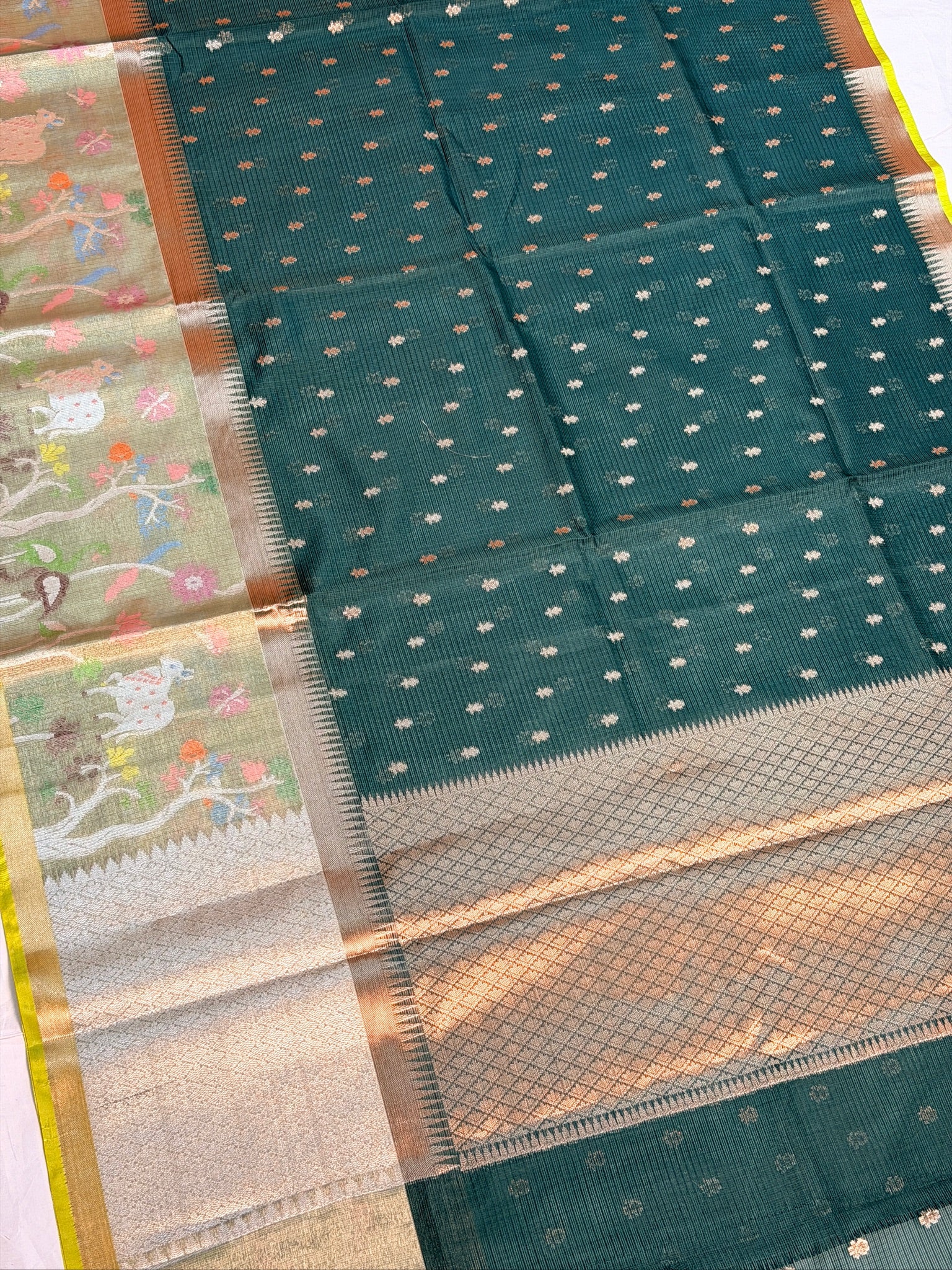 UTSAV BANARAS 472: Deep Green Kota Checks Saree with Artistic Skirt Border & Contrast Lime Green Blouse