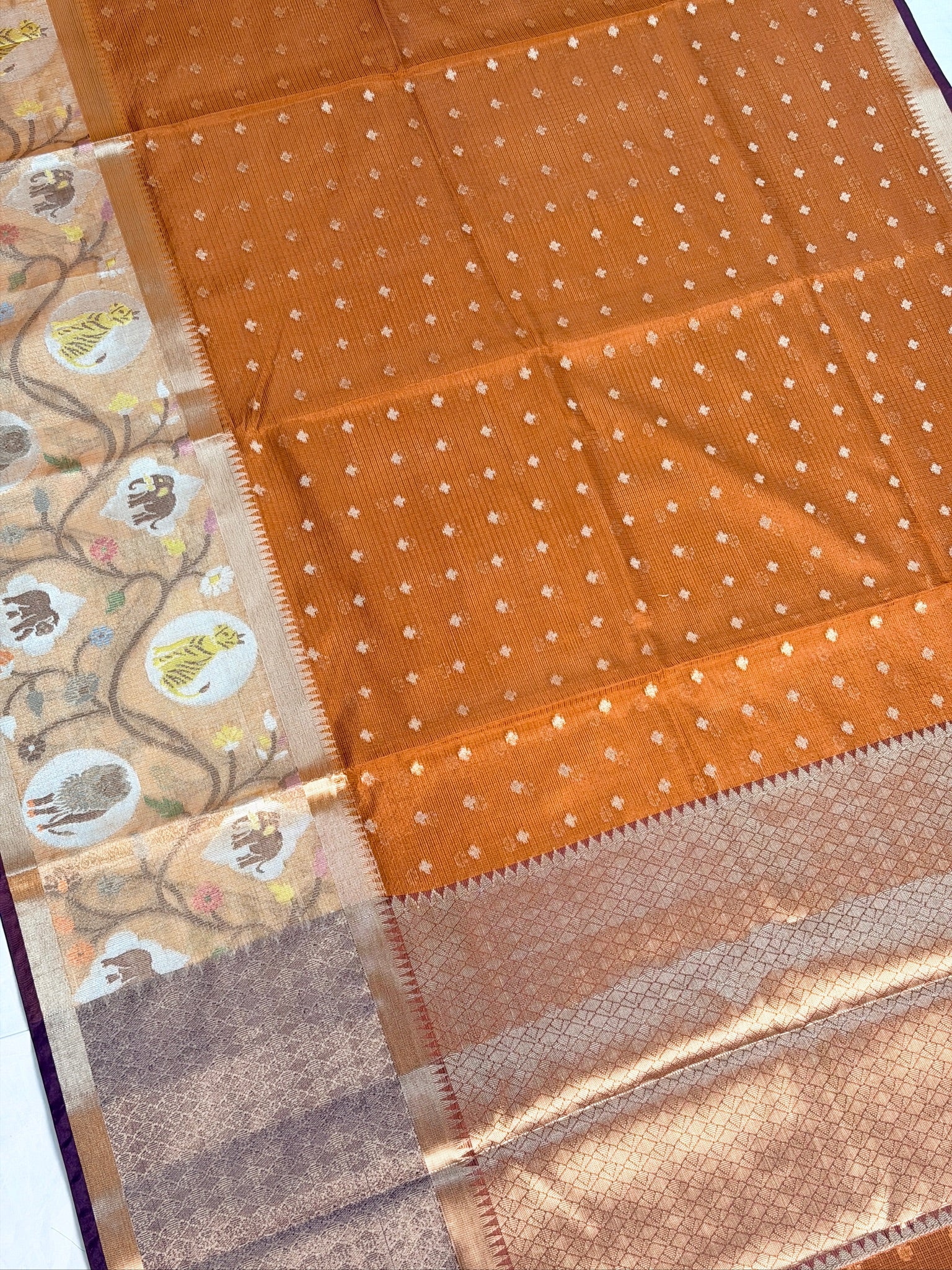 UTSAV BANARAS 470: Burnt Orange Kota Checks Saree with Artistic Skirt Border & Contrast Magenta Blouse