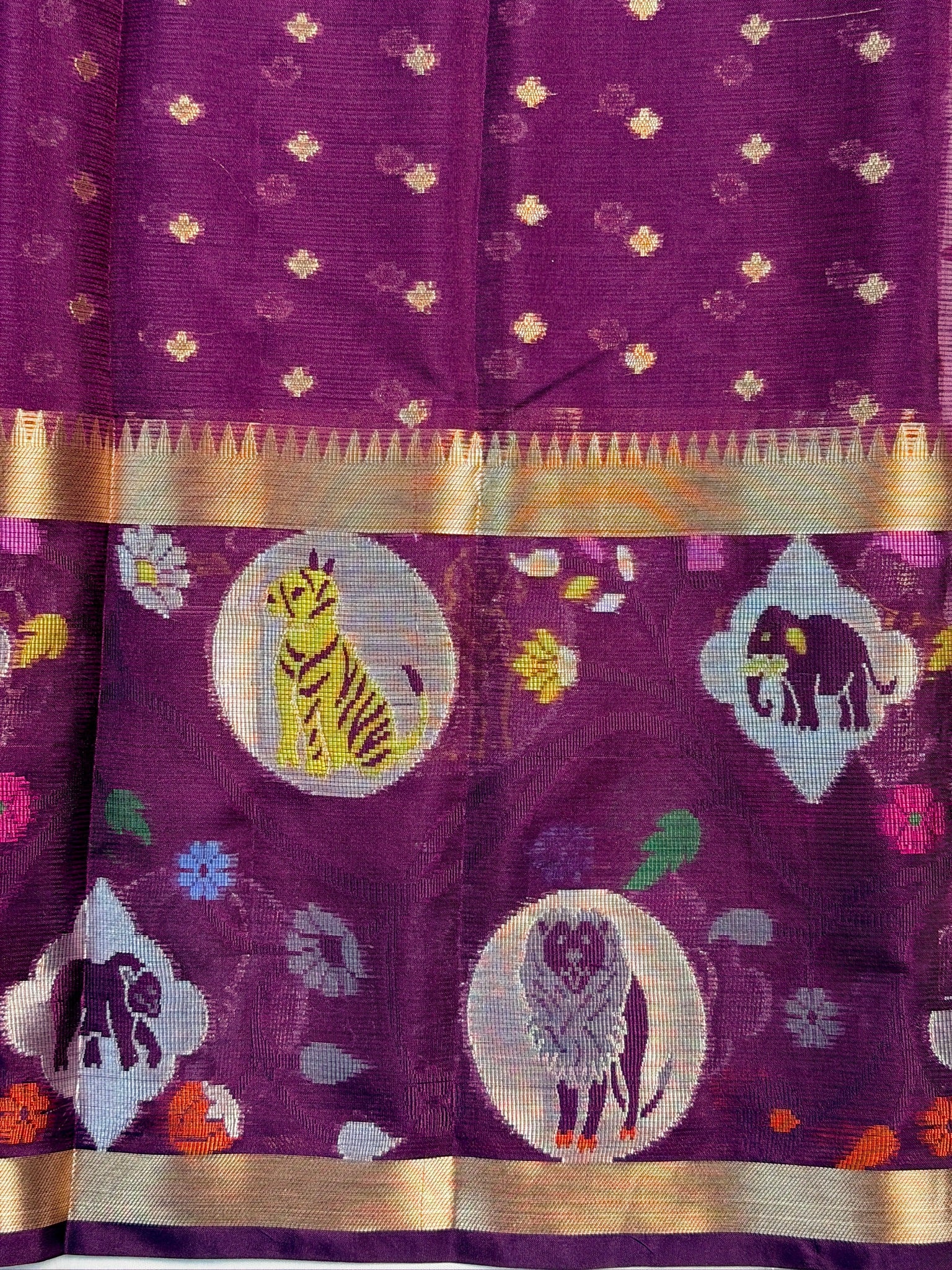 UTSAV BANARAS 470: Burnt Orange Kota Checks Saree with Artistic Skirt Border & Contrast Magenta Blouse