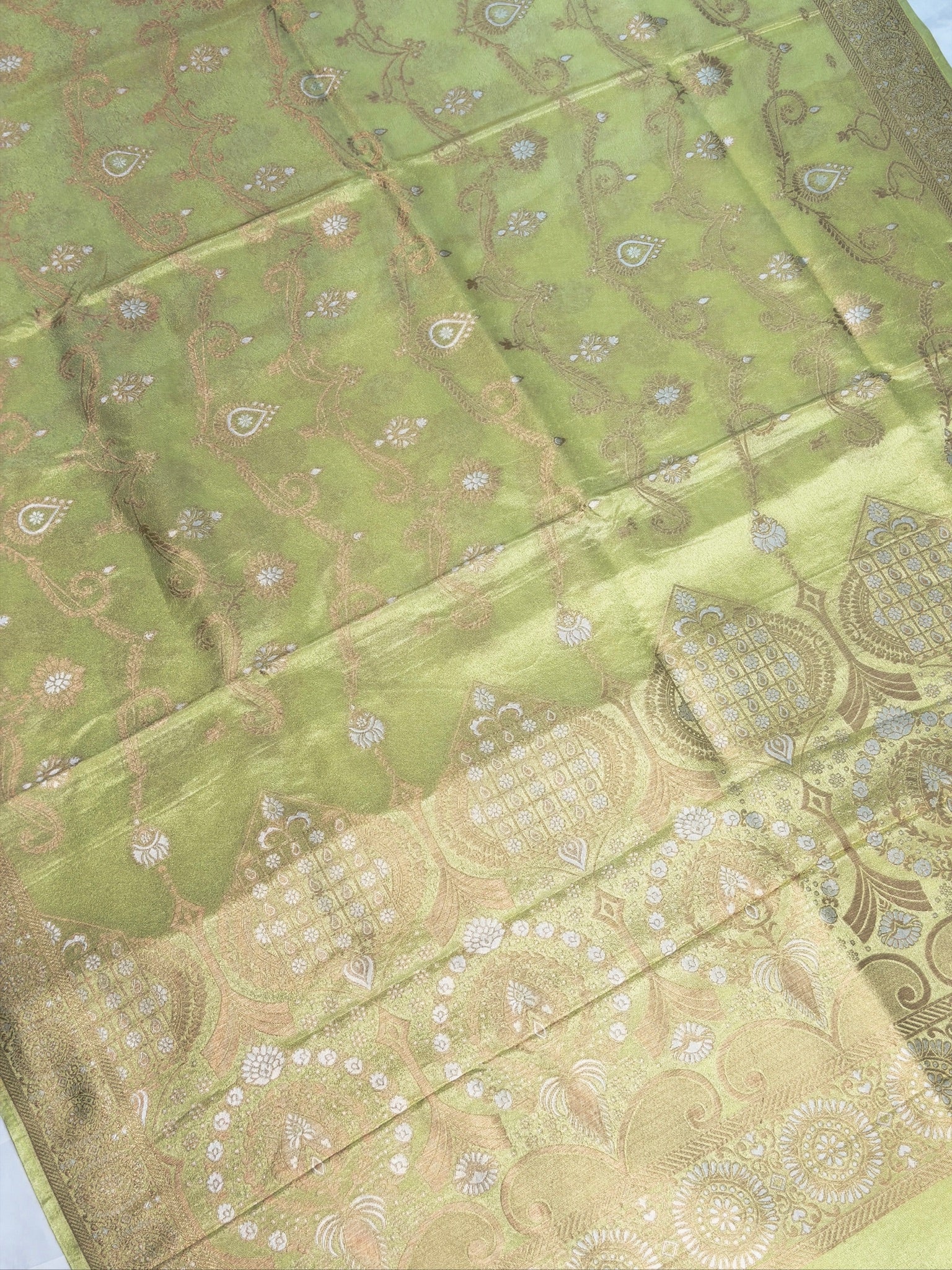 UTSAV BANARAS 428: Pastel Lime Green Tissue Silk Saree with Gold & Silver Zari Floral Paisley Weaving