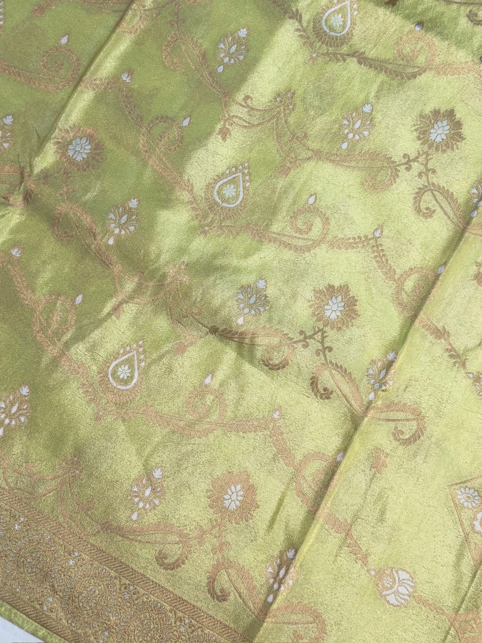 UTSAV BANARAS 428: Pastel Lime Green Tissue Silk Saree with Gold & Silver Zari Floral Paisley Weaving