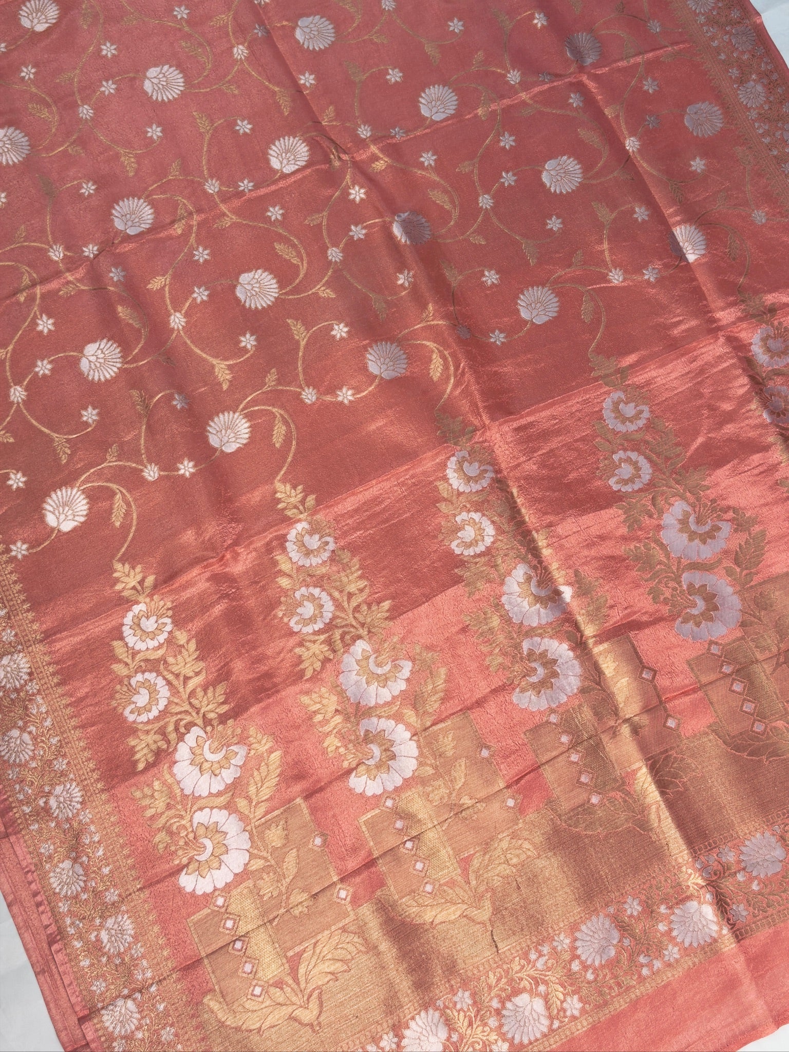 UTSAV BANARAS 429: Blush Peach Tissue Silk Saree with Gold & Silver Zari Floral Vine Weaving