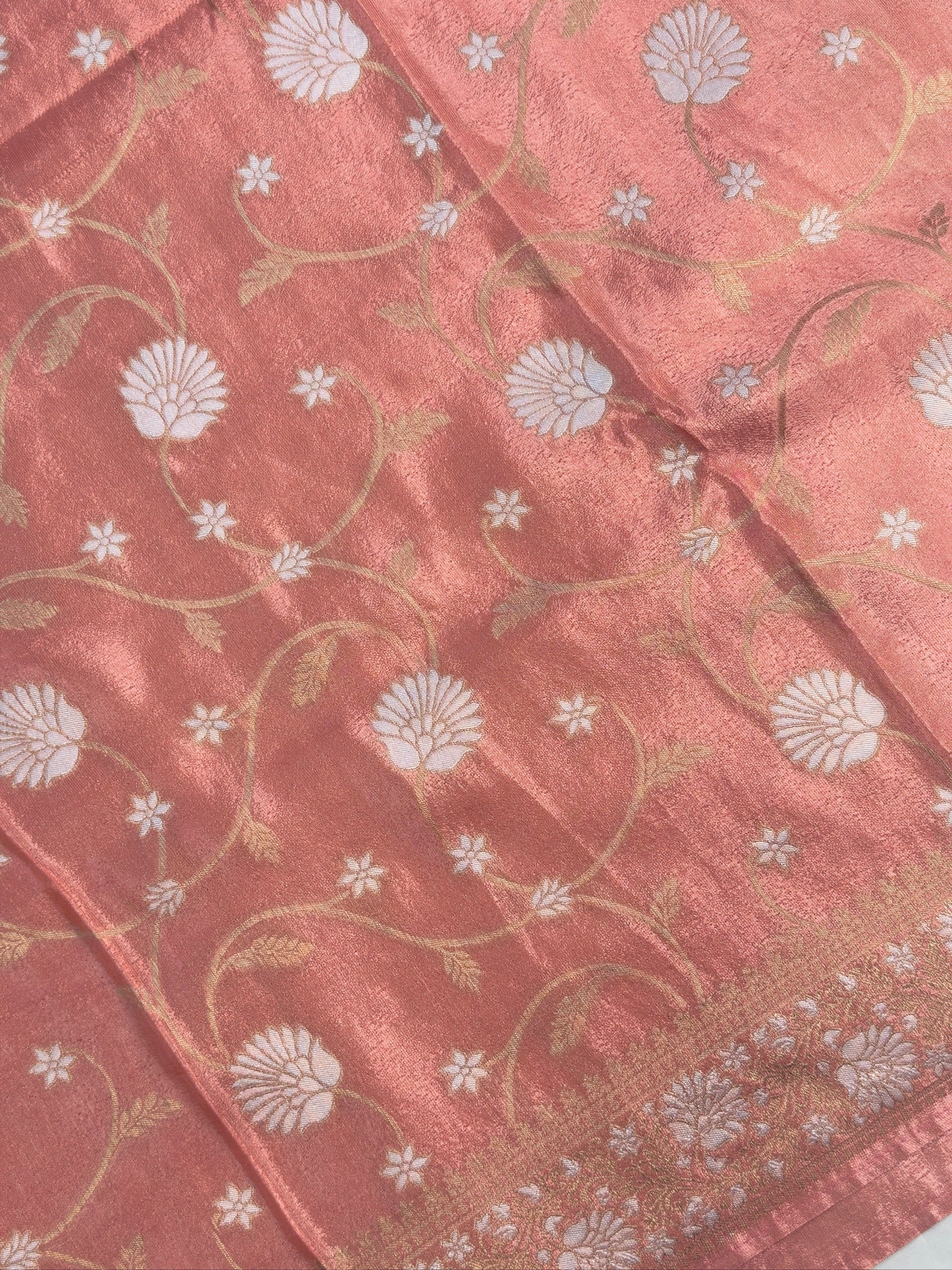 UTSAV BANARAS 429: Blush Peach Tissue Silk Saree with Gold & Silver Zari Floral Vine Weaving