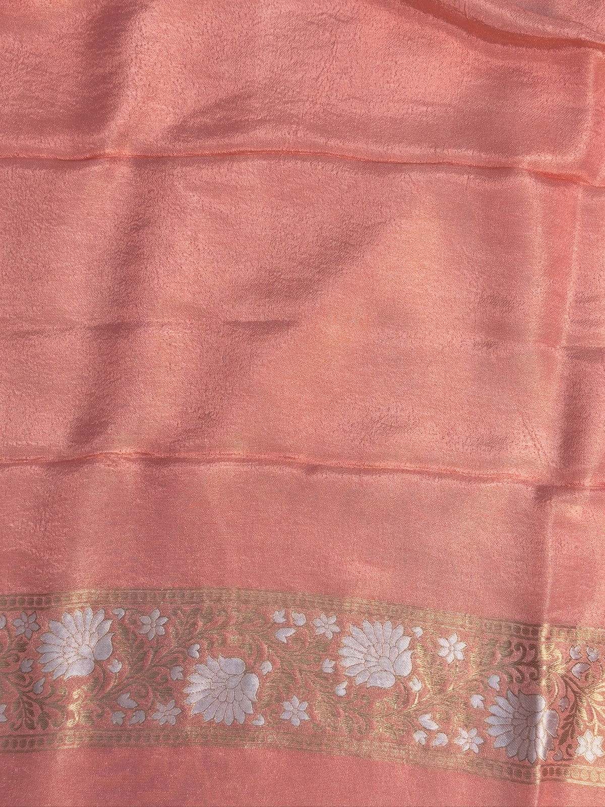 UTSAV BANARAS 429: Blush Peach Tissue Silk Saree with Gold & Silver Zari Floral Vine Weaving