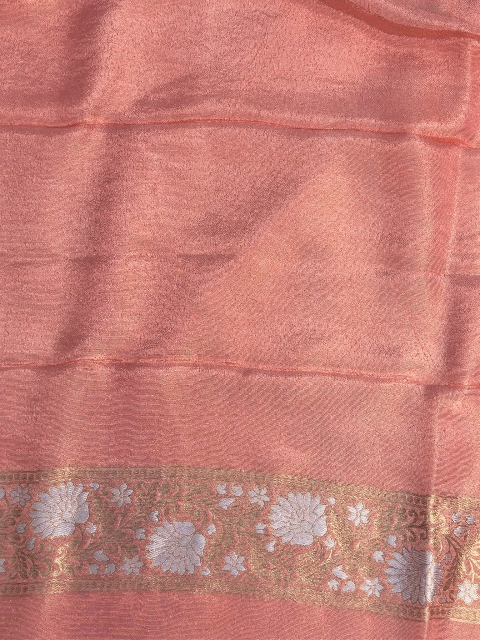 UTSAV BANARAS 429: Blush Peach Tissue Silk Saree with Gold & Silver Zari Floral Vine Weaving