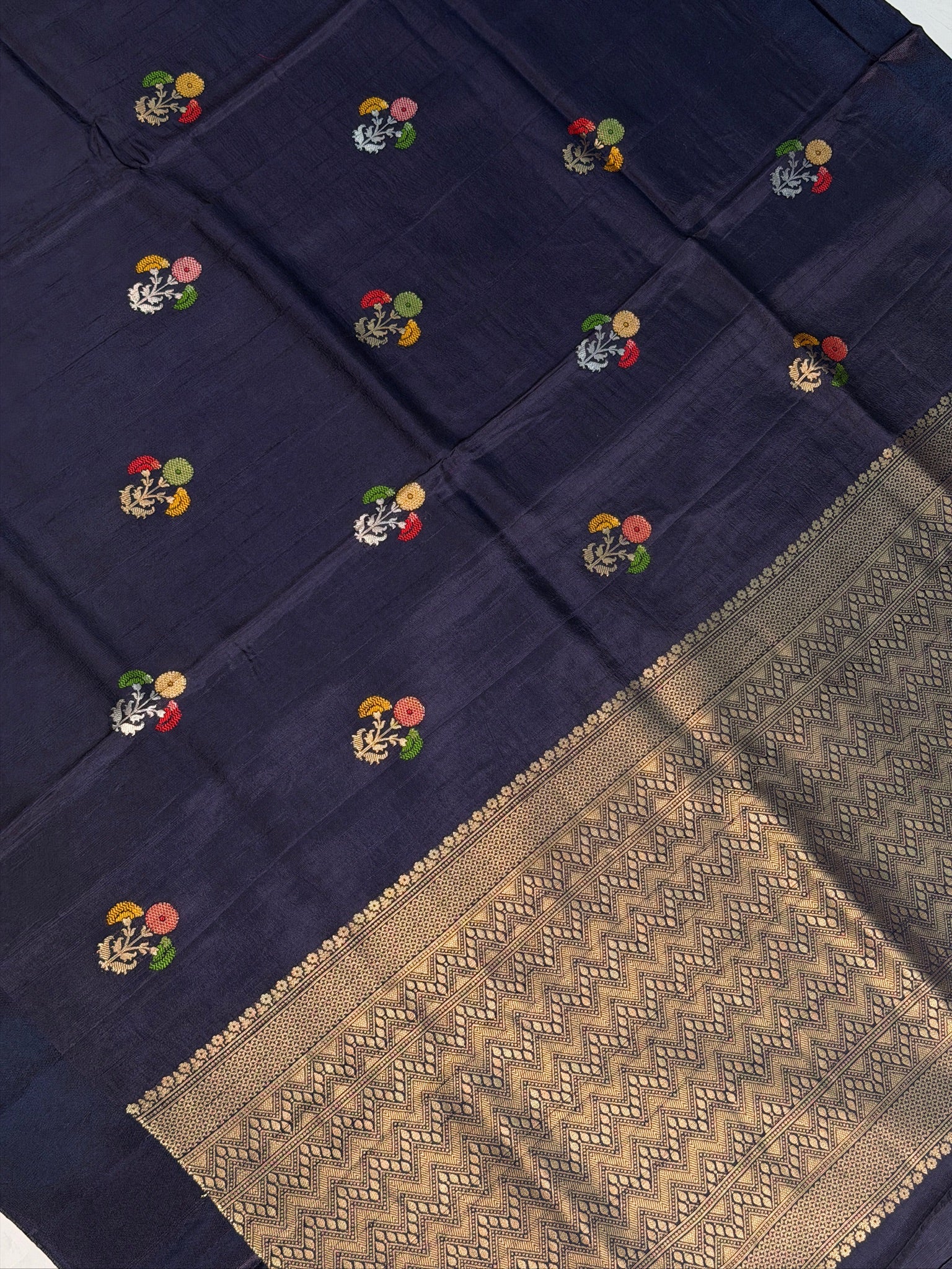 UTSAV BANARAS 434: Royal Midnight Blue Mulberry Silk Saree with Gold Zari Banarasi Border & Meenakari Floral Butis