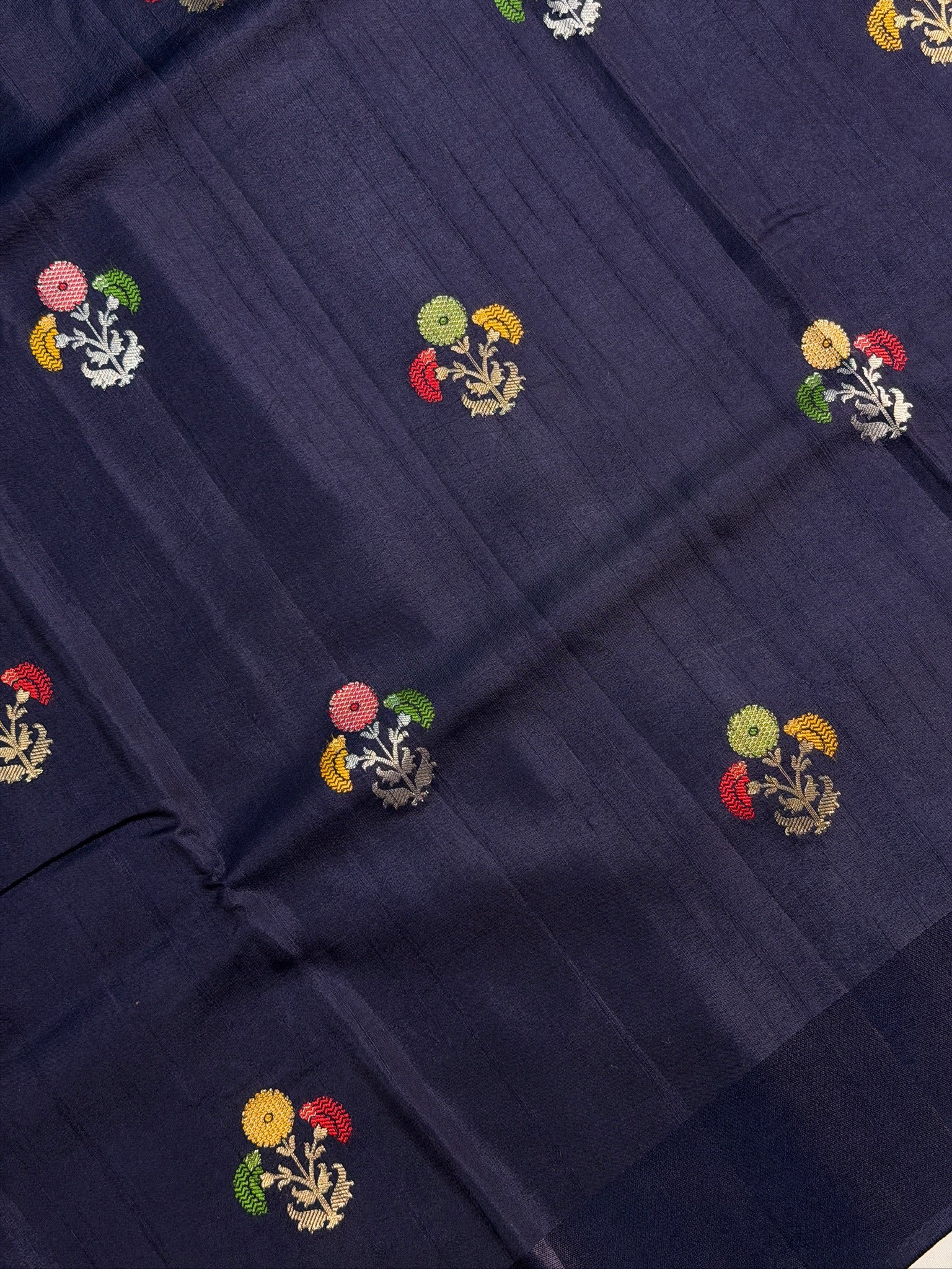 UTSAV BANARAS 434: Royal Midnight Blue Mulberry Silk Saree with Gold Zari Banarasi Border & Meenakari Floral Butis