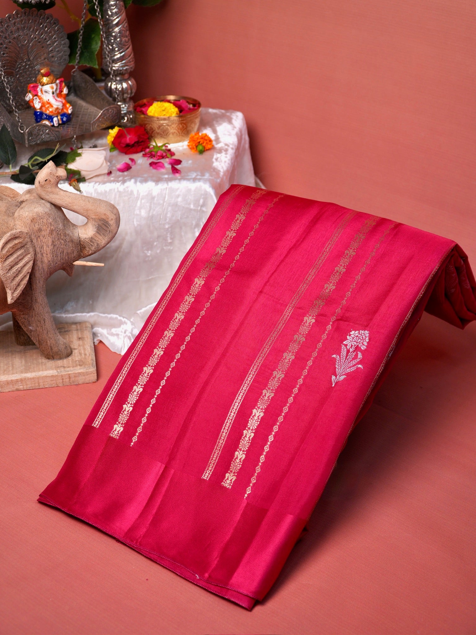 UTSAV BANARAS 433: Royal Rani Pink Mulberry Silk Saree with Gold & Silver Zari Floral Stripes and Banarasi Border