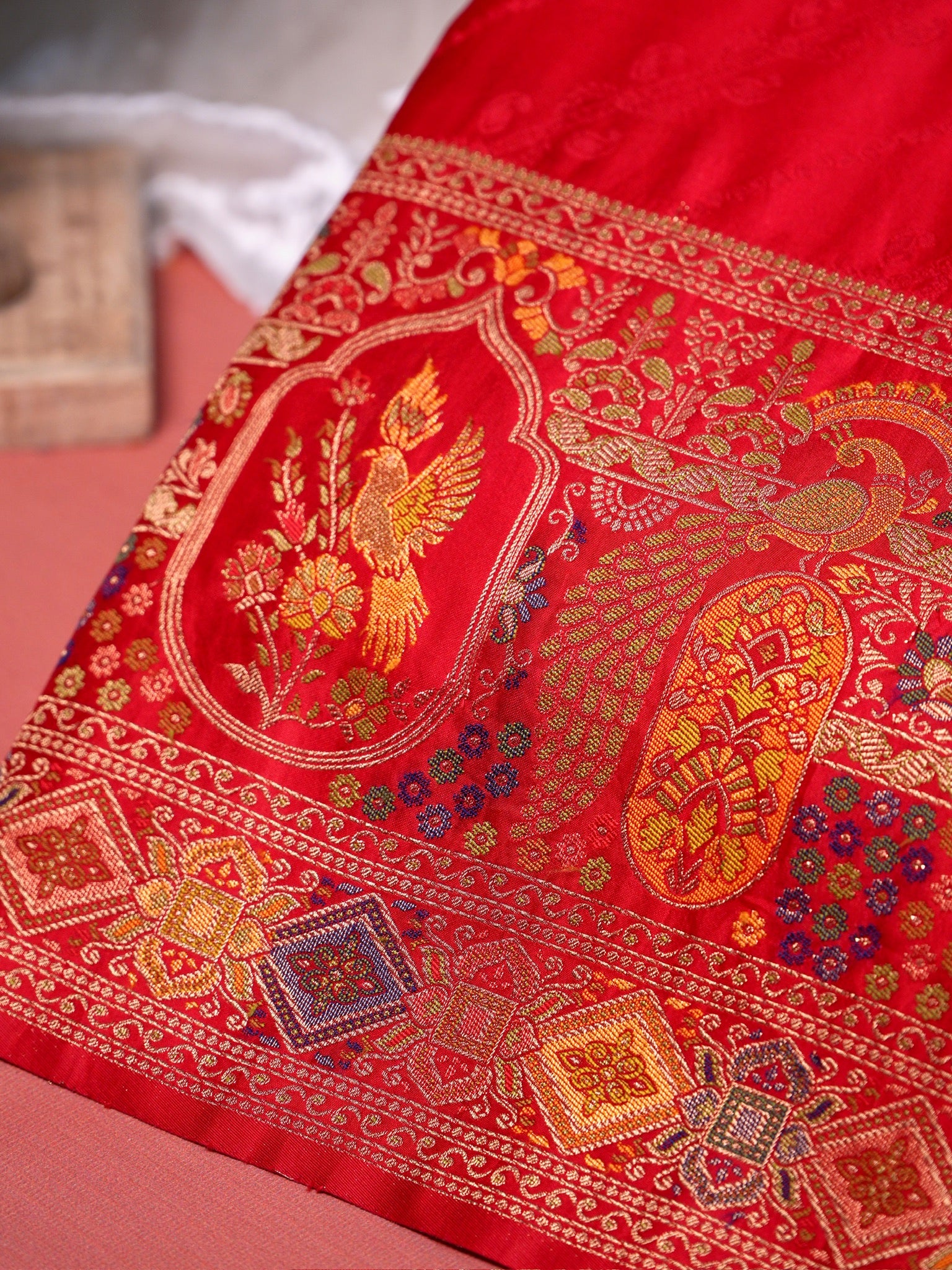 UTSAV BANARAS 417: Sunhara Red Satin Tanchoi Silk Saree with Meenakari Floral Peacock Border
