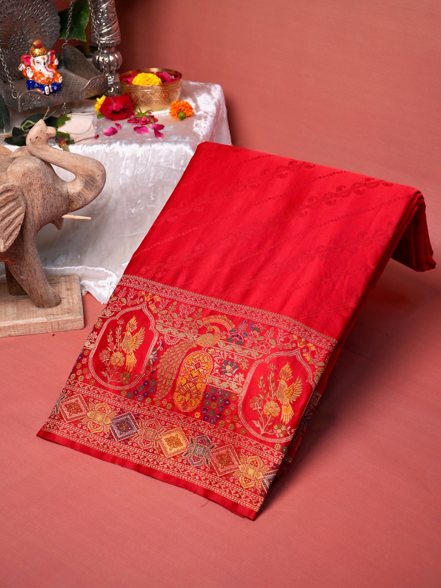 UTSAV BANARAS 417: Sunhara Red Satin Tanchoi Silk Saree with Meenakari Floral Peacock Border
