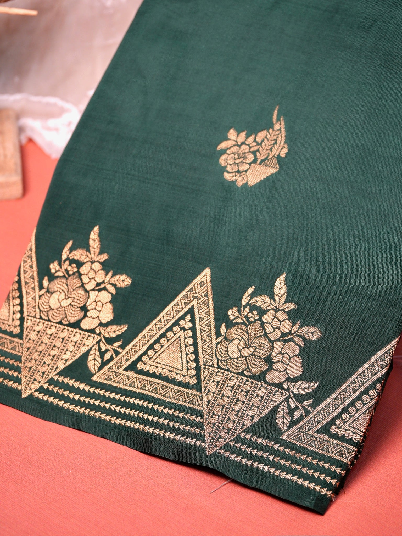 UTSAV BANARAS 435: Emerald Green Butter Silk Saree with Gold Zari Floral & Geometric Banarasi Border