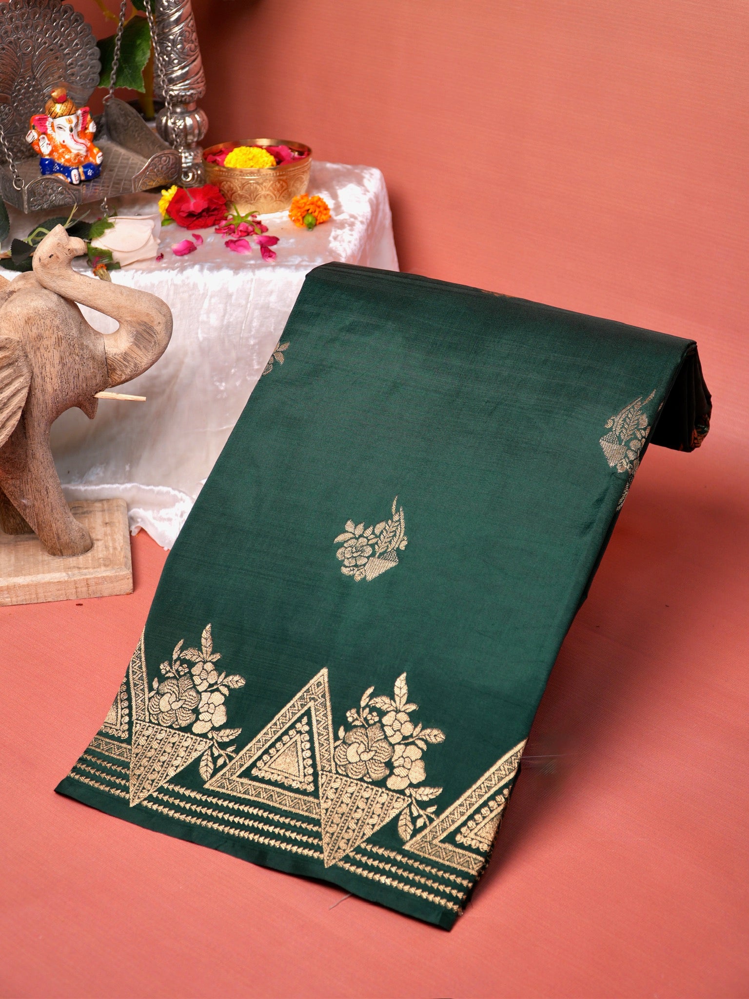 UTSAV BANARAS 435: Emerald Green Butter Silk Saree with Gold Zari Floral & Geometric Banarasi Border