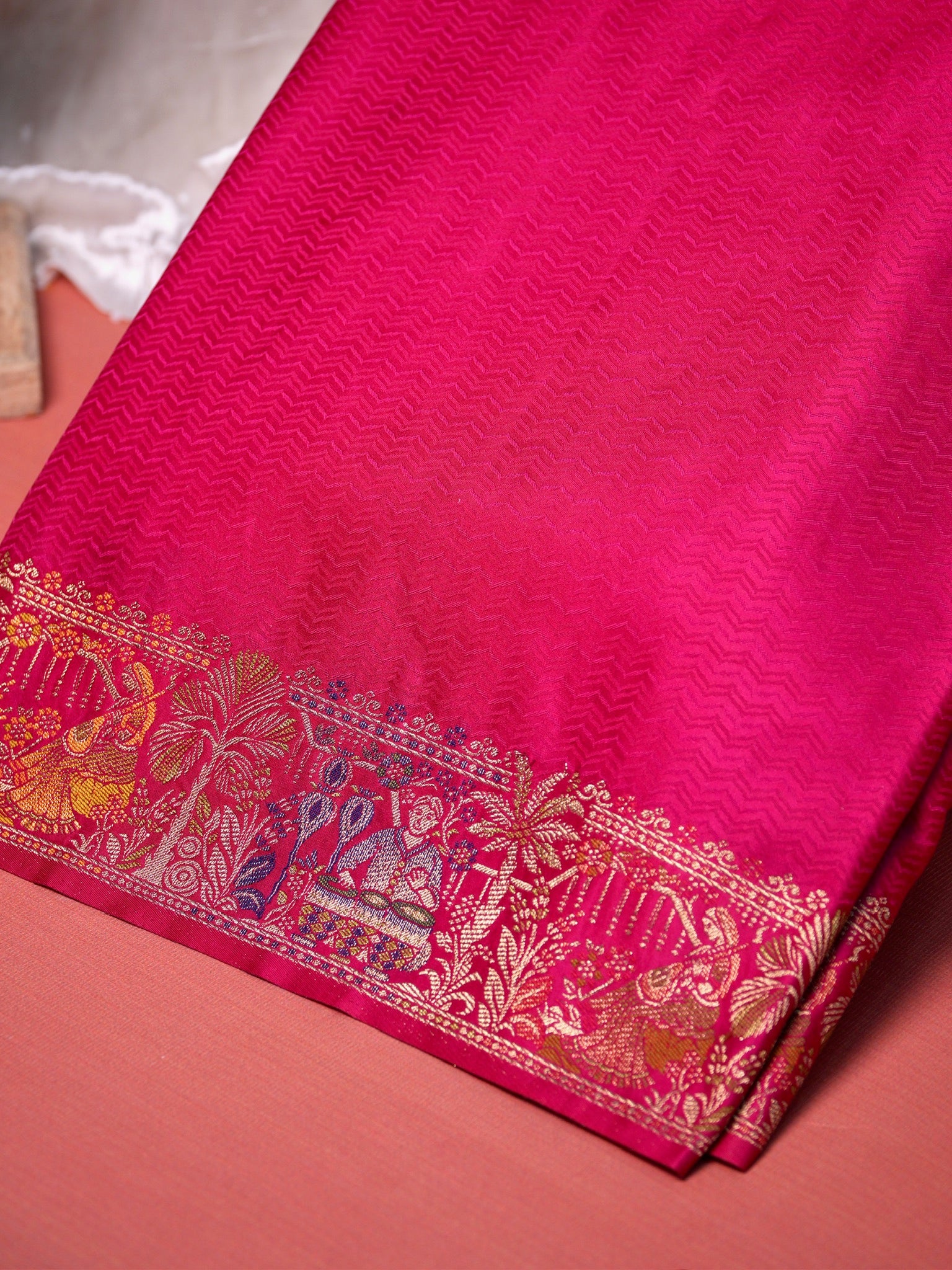 UTSAV BANARAS 416: Hot Pink Satin Tanchoi Silk Saree with Meenakari Floral Border & Rich Banarasi Weaving