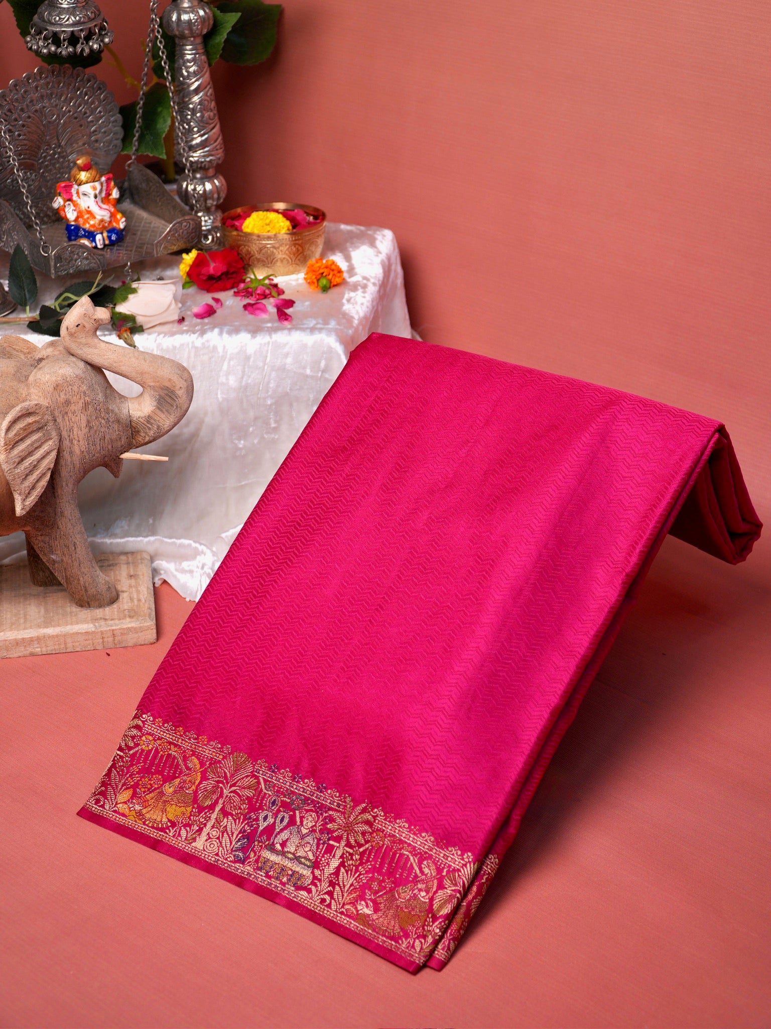 UTSAV BANARAS 416: Hot Pink Satin Tanchoi Silk Saree with Meenakari Floral Border & Rich Banarasi Weaving