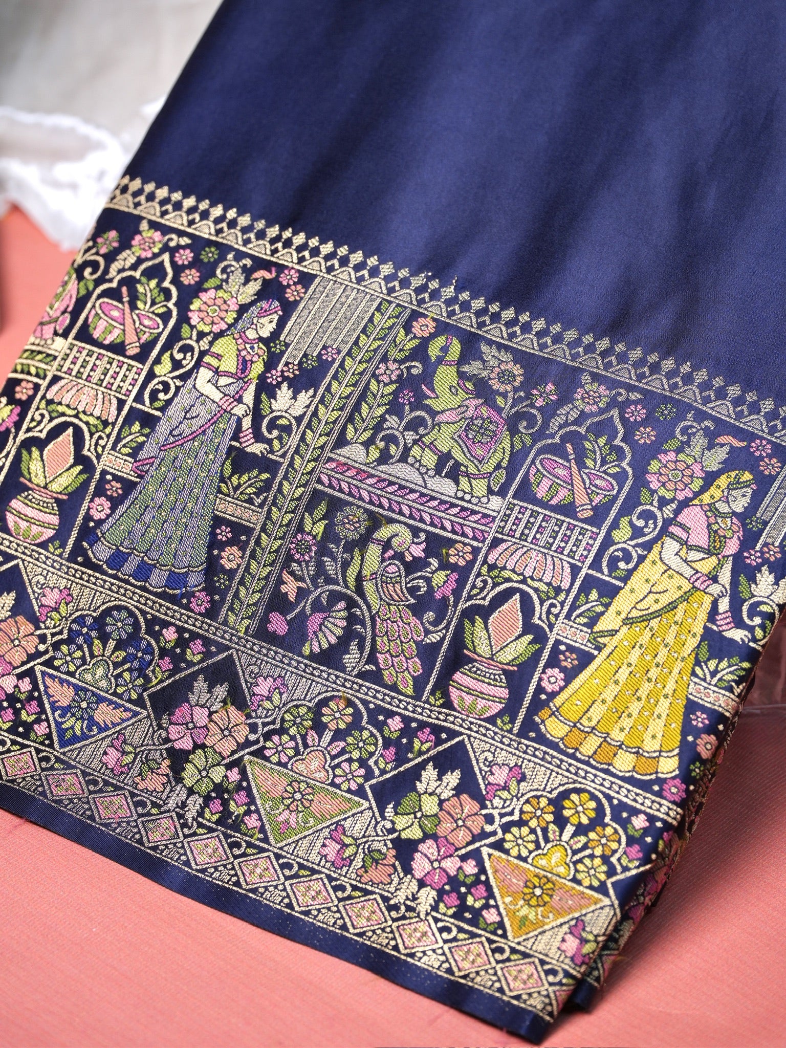 UTSAV BANARAS 418: Navy Blue Satin Tanchoi Silk Saree with Grand Meenakari Floral Border & Heritage Pallu