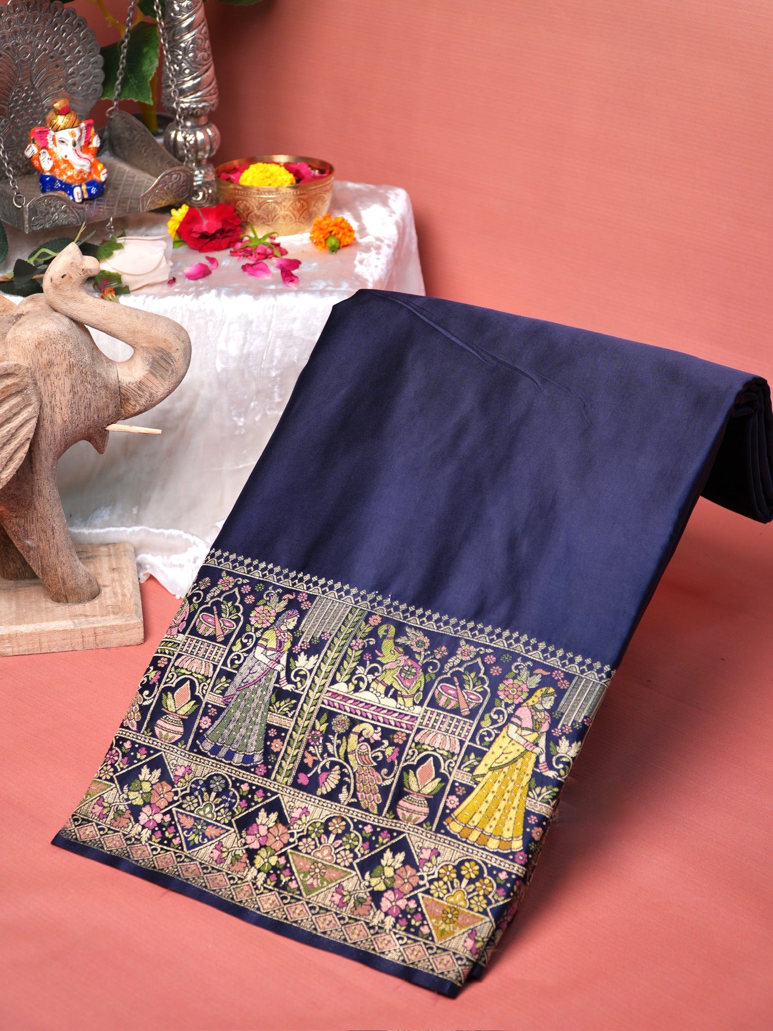 UTSAV BANARAS 418: Navy Blue Satin Tanchoi Silk Saree with Grand Meenakari Floral Border & Heritage Pallu