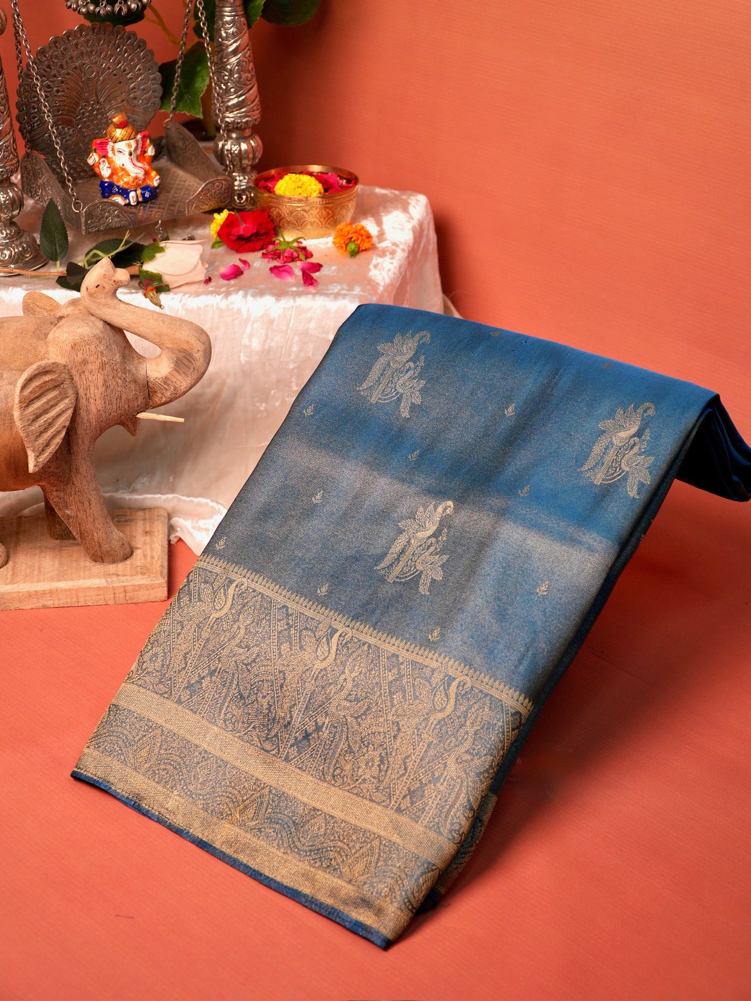 UTSAV BANARAS 441: Royal Peacock Blue Mashru Silk Saree with Antique Gold Zari Woven Border