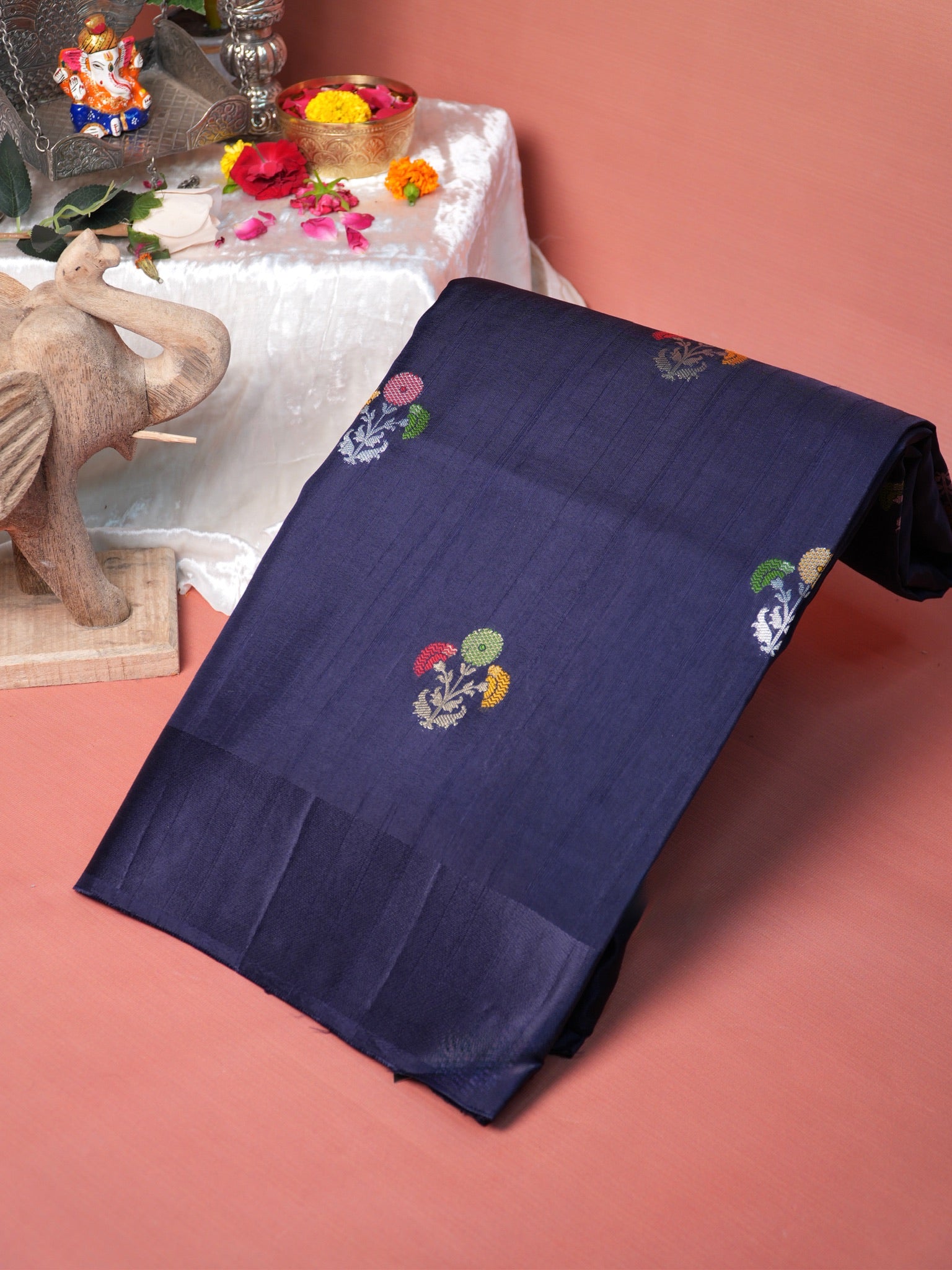 UTSAV BANARAS 434: Royal Midnight Blue Mulberry Silk Saree with Gold Zari Banarasi Border & Meenakari Floral Butis