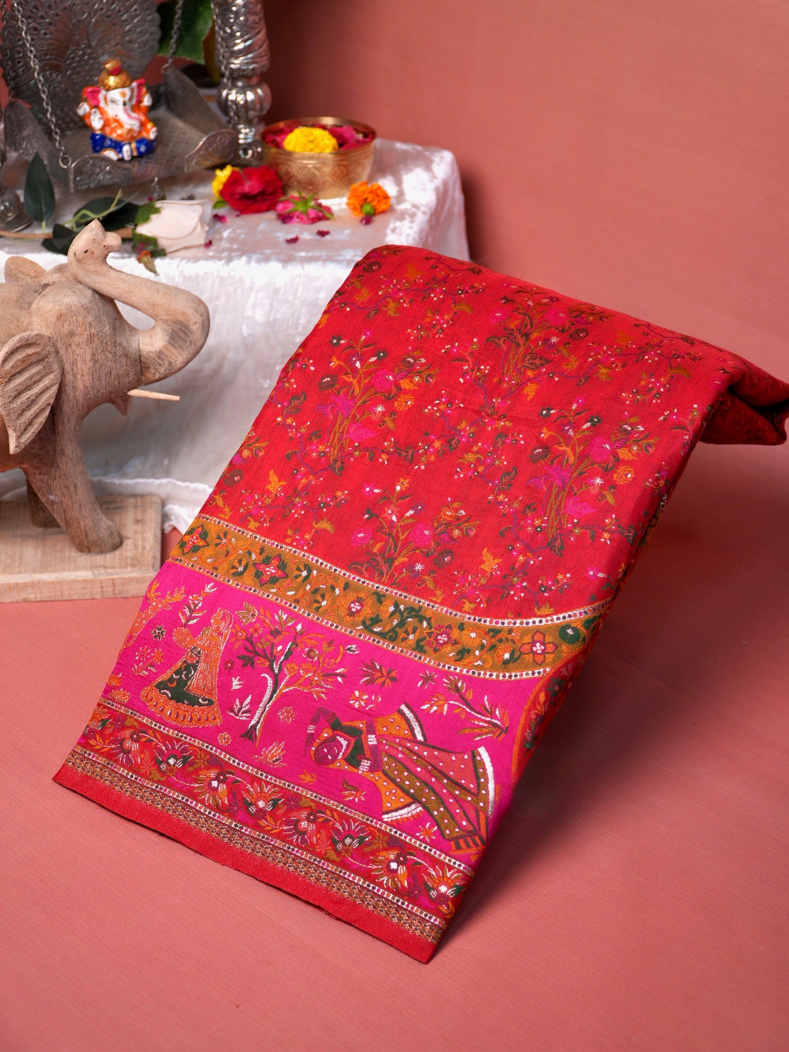 UTSAV BANARAS 444: Royal Red Pashmina silk saree with Gold Zari & Meenakari Heritage Pallu
