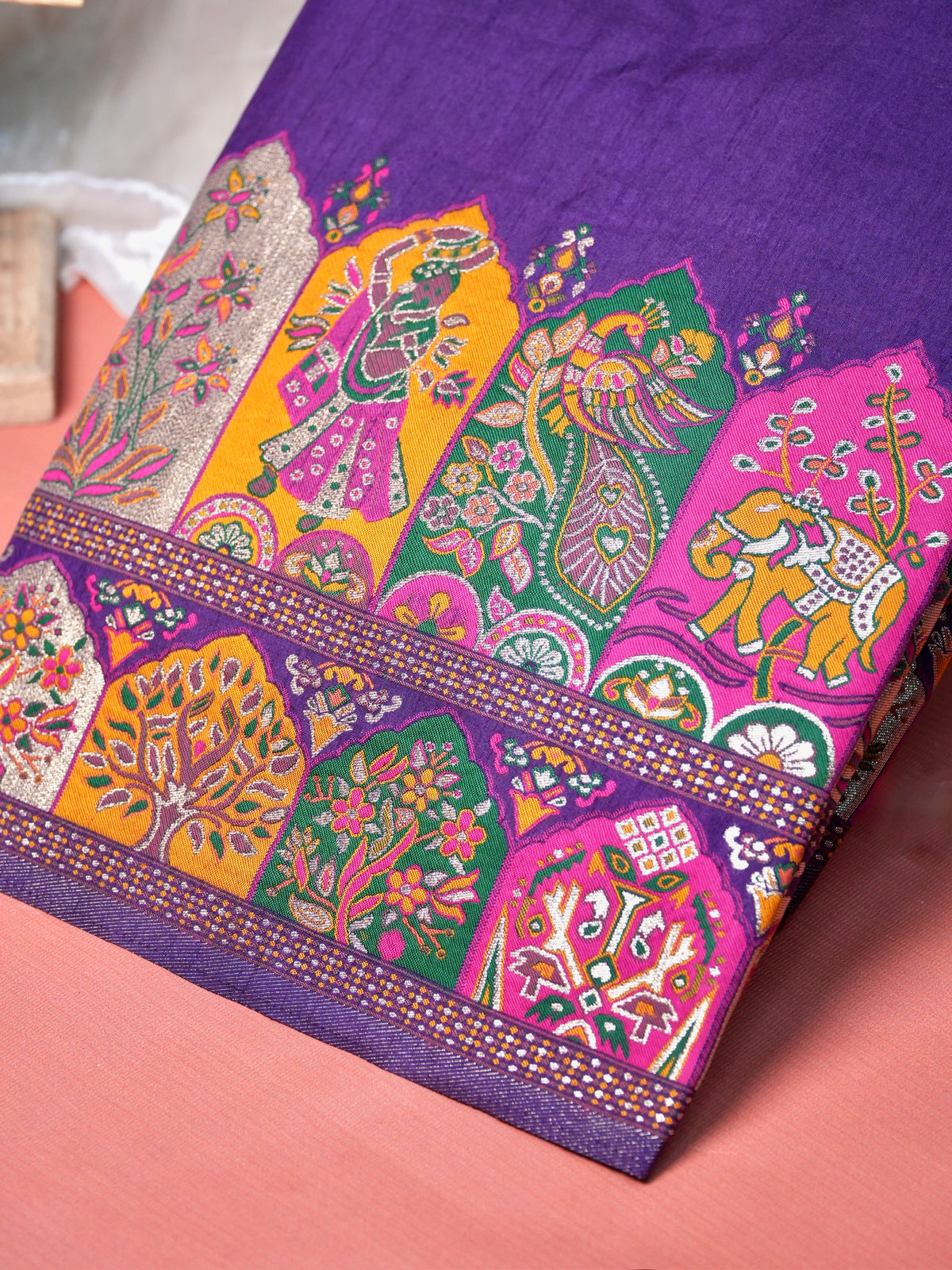 UTSAV BANARAS 447: Royal Purple Pashmina silk saree with Gold Zari & Meenakari Heritage Border