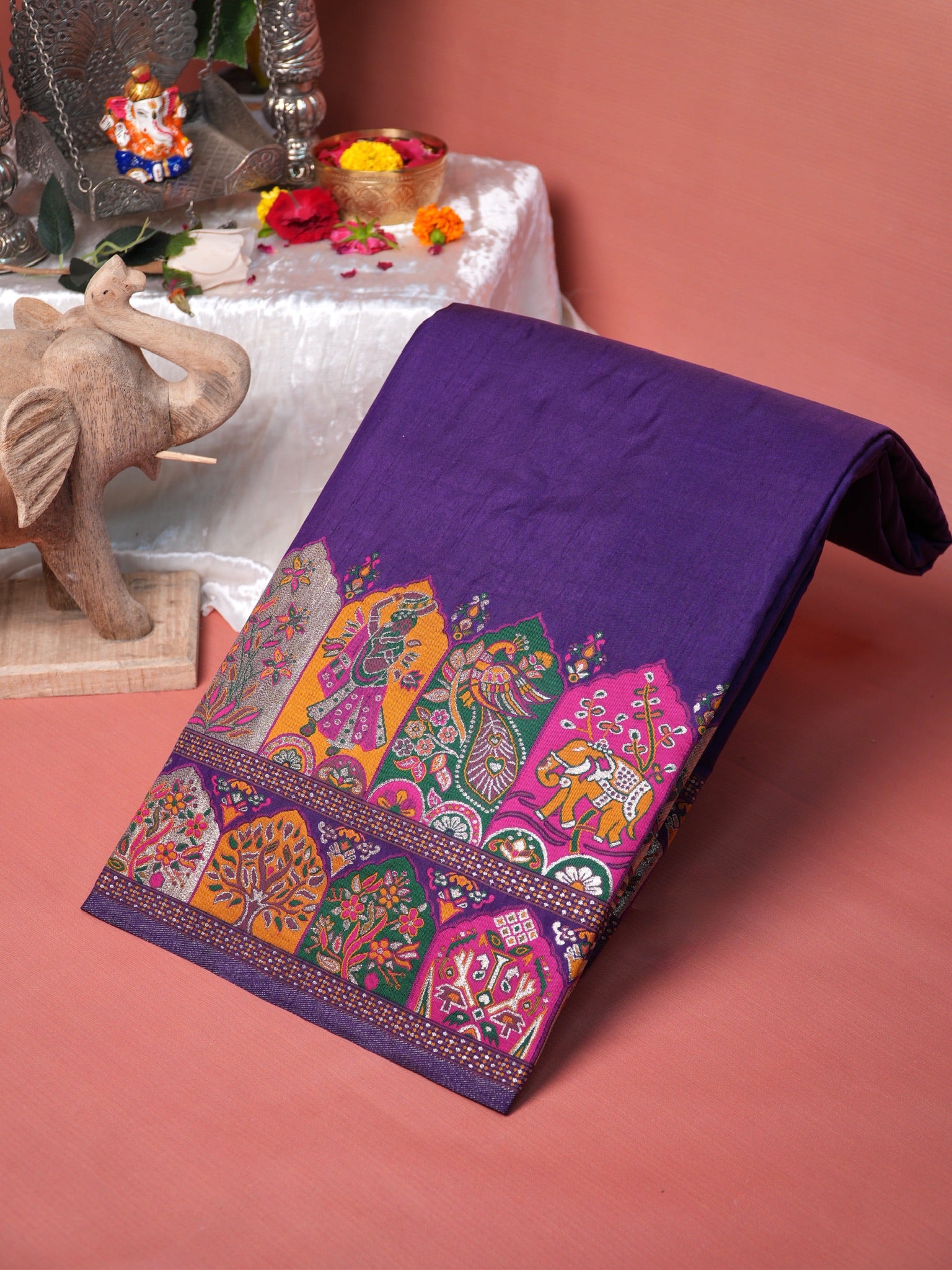 UTSAV BANARAS 447: Royal Purple Pashmina silk saree with Gold Zari & Meenakari Heritage Border