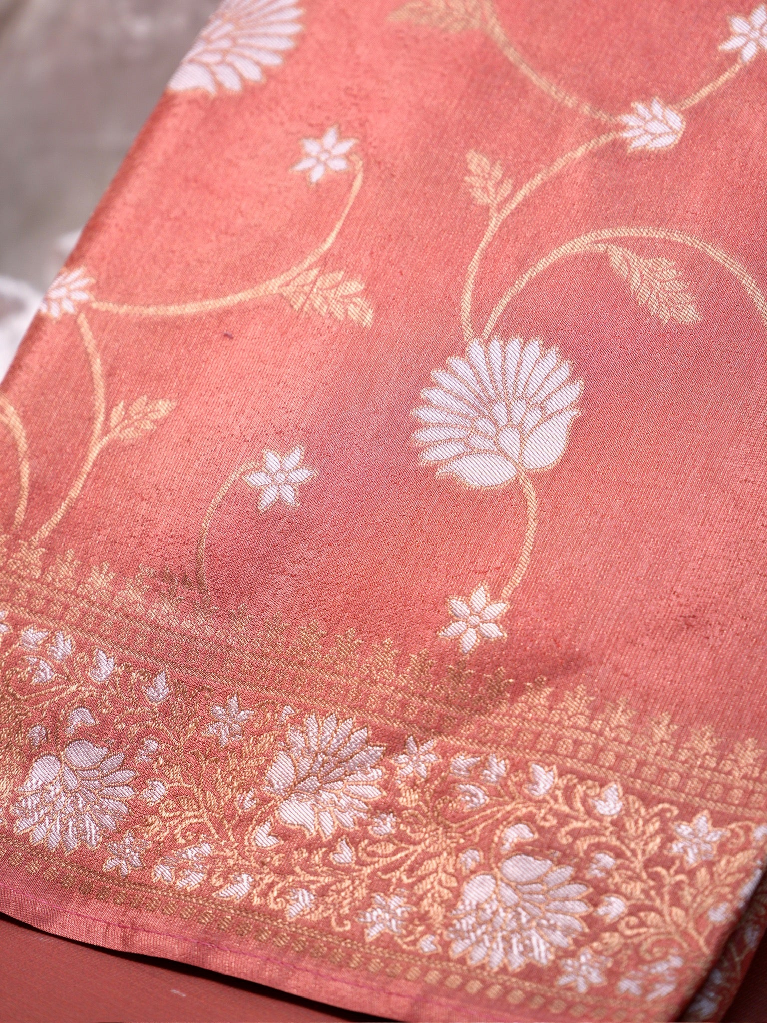 UTSAV BANARAS 429: Blush Peach Tissue Silk Saree with Gold & Silver Zari Floral Vine Weaving