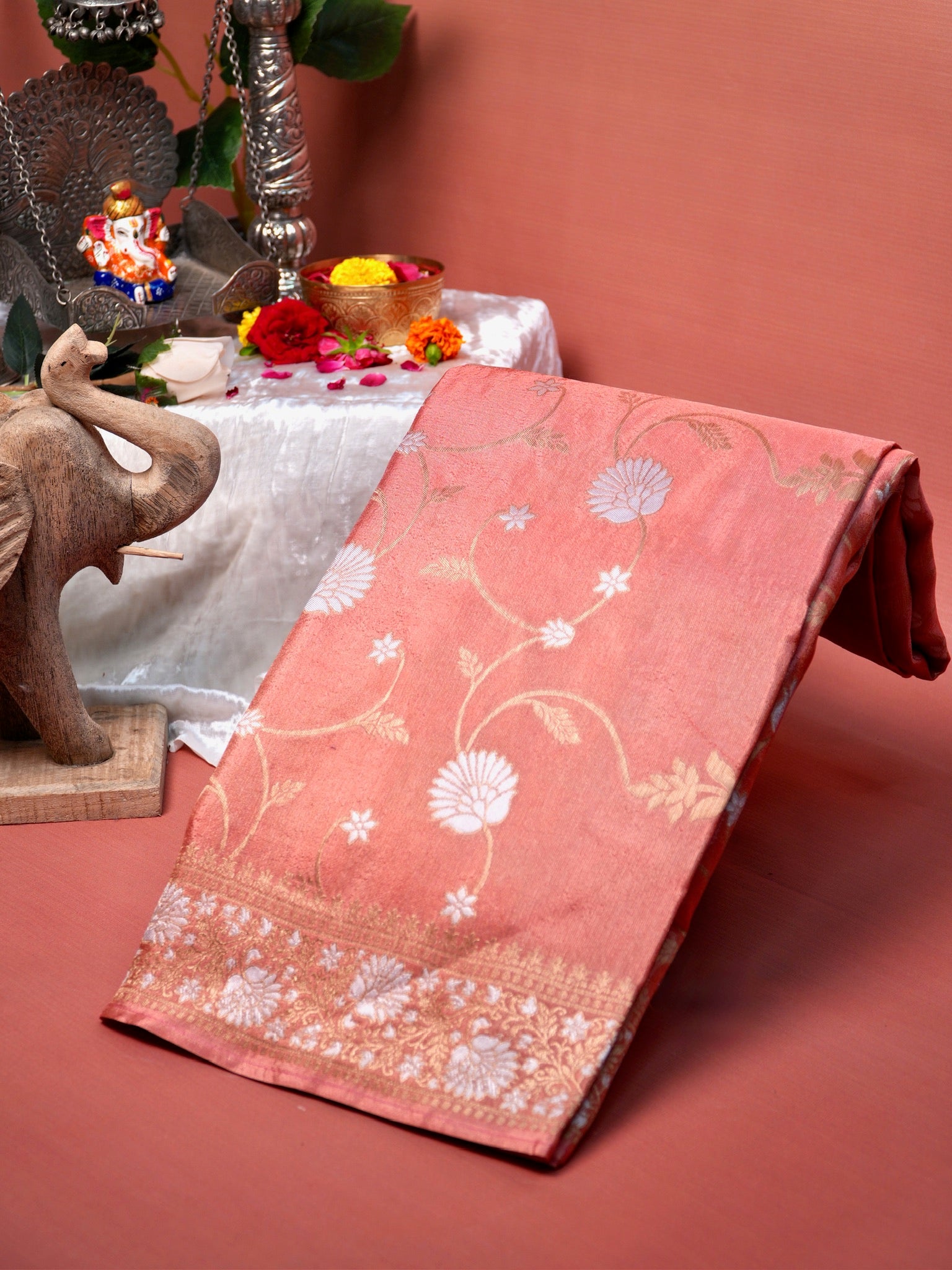 UTSAV BANARAS 429: Blush Peach Tissue Silk Saree with Gold & Silver Zari Floral Vine Weaving