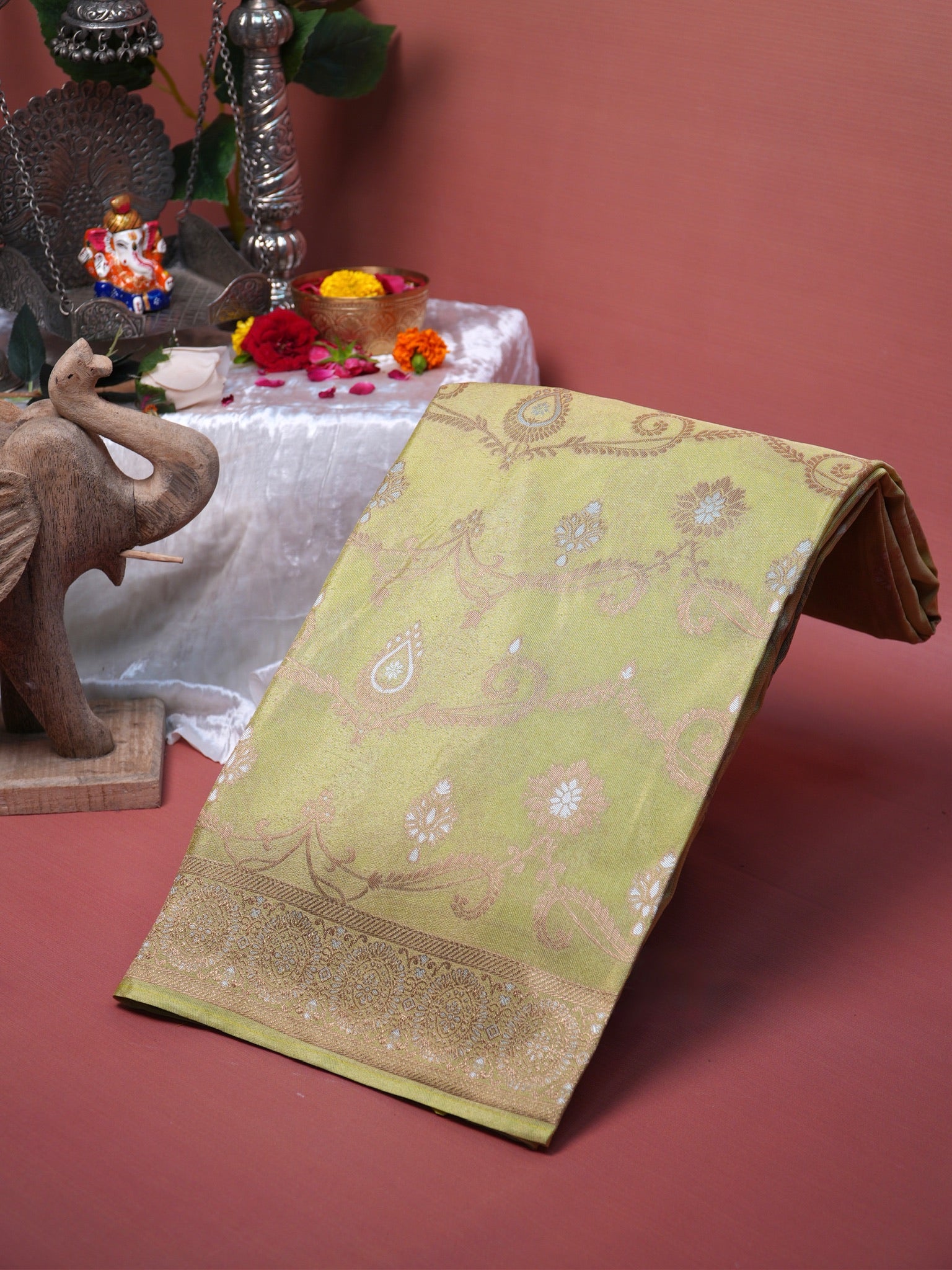 UTSAV BANARAS 428: Pastel Lime Green Tissue Silk Saree with Gold & Silver Zari Floral Paisley Weaving