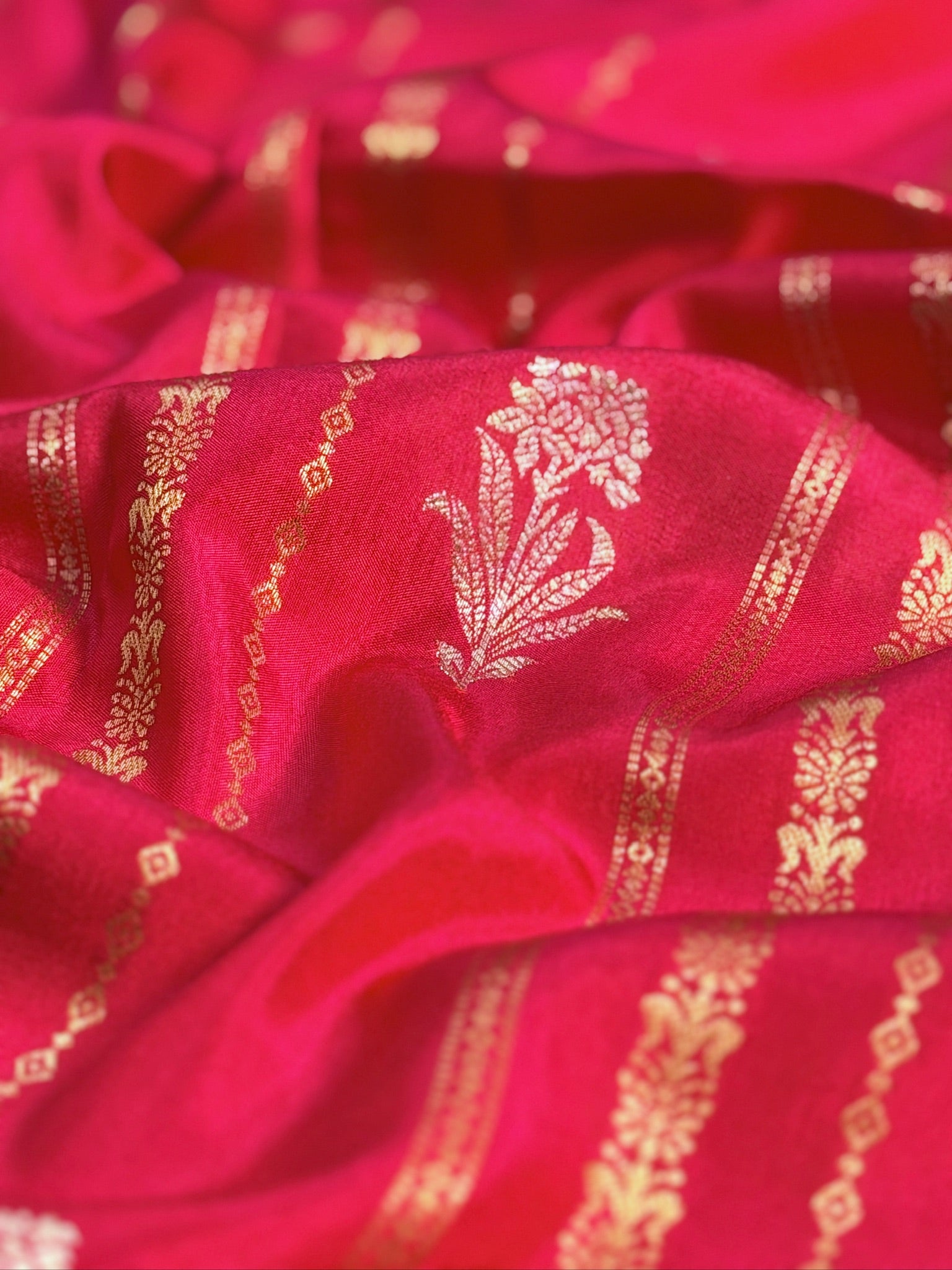 UTSAV BANARAS 433: Royal Rani Pink Mulberry Silk Saree with Gold & Silver Zari Floral Stripes and Banarasi Border