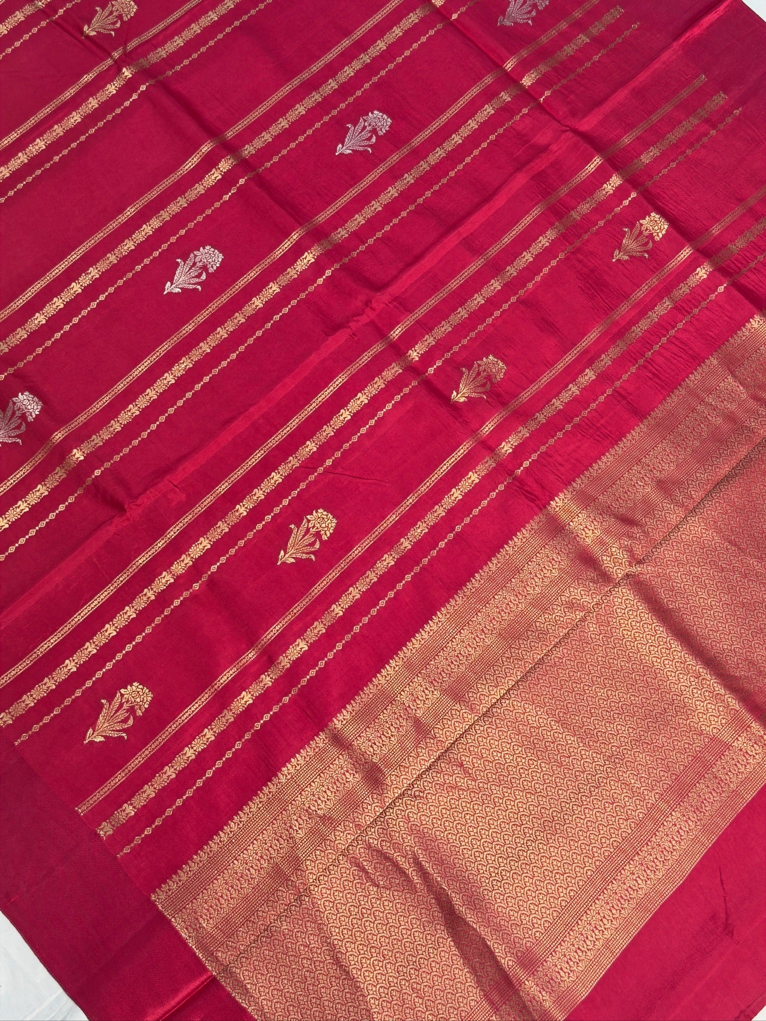 UTSAV BANARAS 433: Royal Rani Pink Mulberry Silk Saree with Gold & Silver Zari Floral Stripes and Banarasi Border