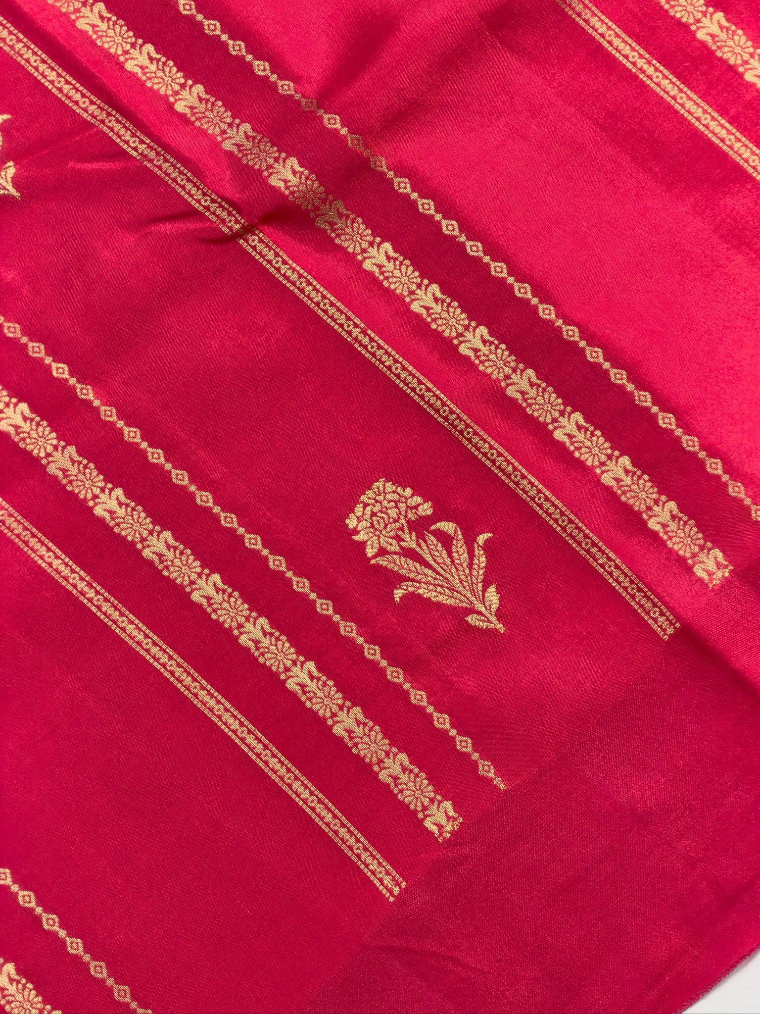 UTSAV BANARAS 433: Royal Rani Pink Mulberry Silk Saree with Gold & Silver Zari Floral Stripes and Banarasi Border
