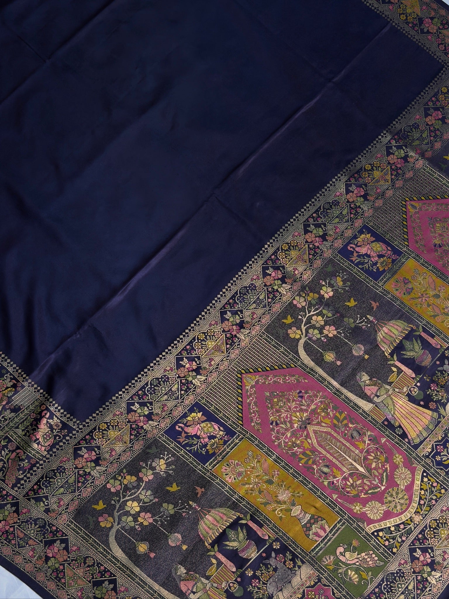 UTSAV BANARAS 418: Navy Blue Satin Tanchoi Silk Saree with Grand Meenakari Floral Border & Heritage Pallu