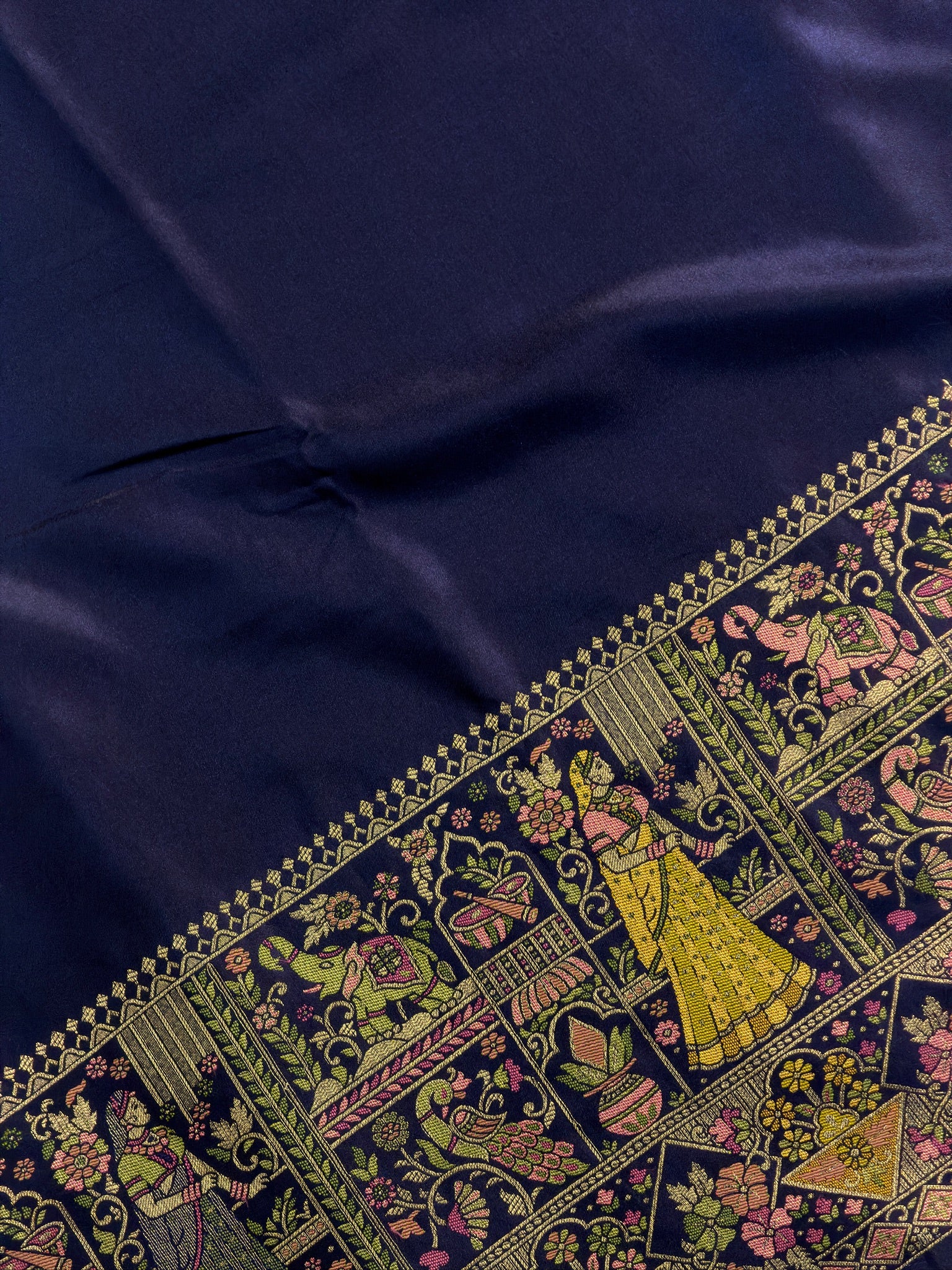 UTSAV BANARAS 418: Navy Blue Satin Tanchoi Silk Saree with Grand Meenakari Floral Border & Heritage Pallu